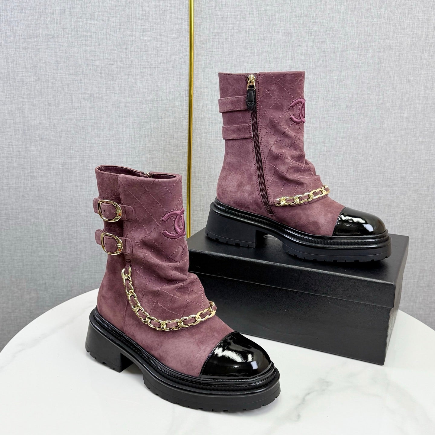 CC 25B AW Ankle Boots Old Rose Black Quited Suede Patent Leather 541068 GHW