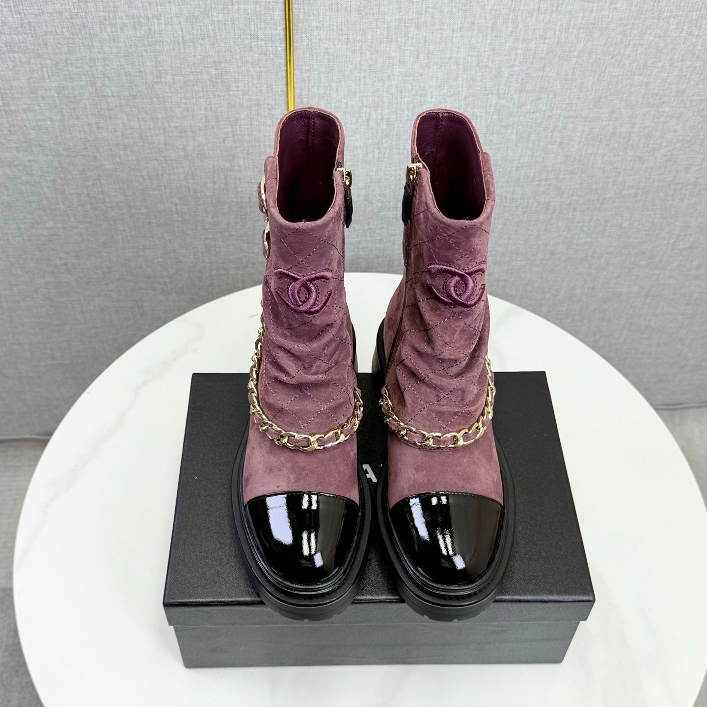 CC 25B AW Ankle Boots Old Rose Black Quited Suede Patent Leather 541068 GHW