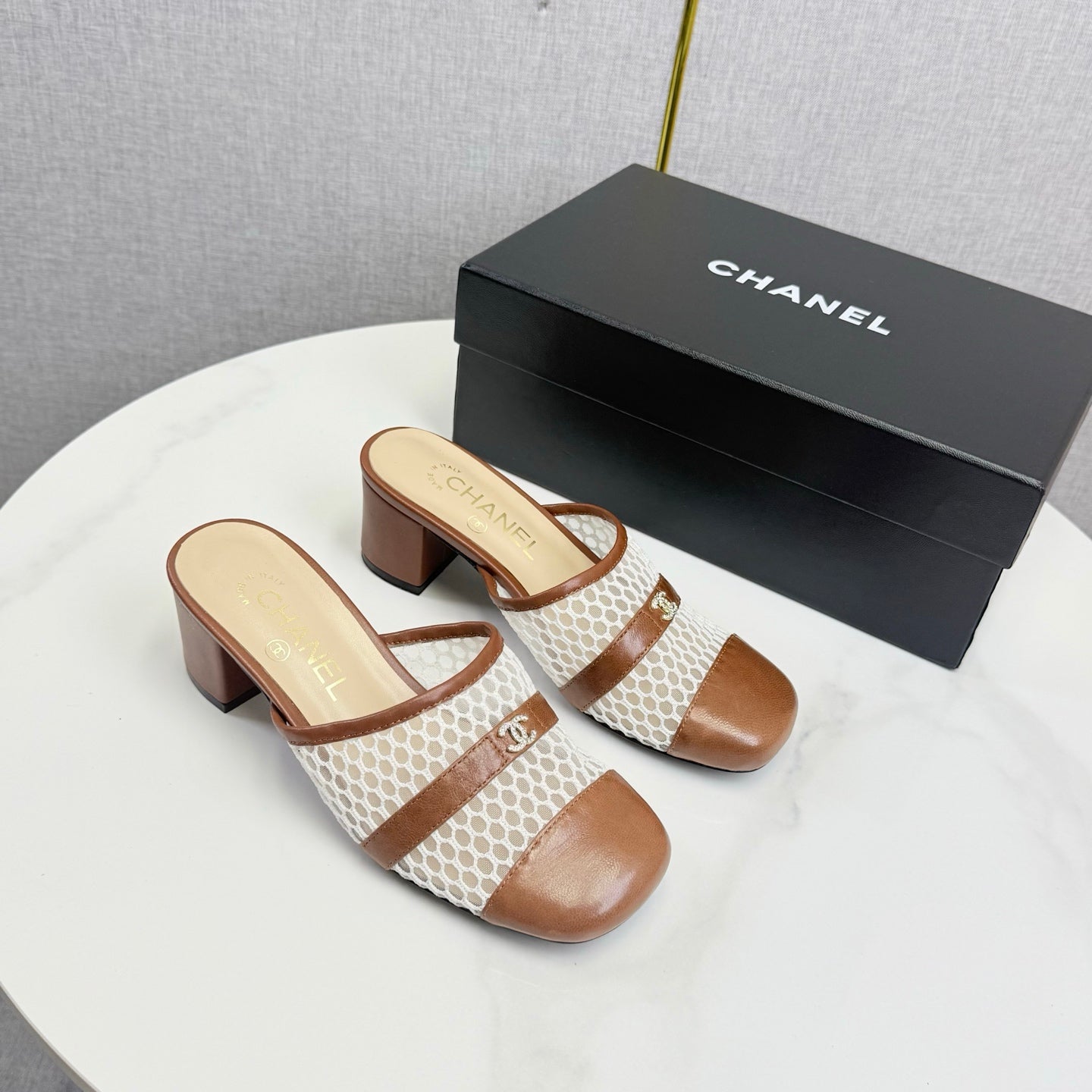 CC 26s Sandal 4.5cm Brown Beige Mesh Sheepskin 639826