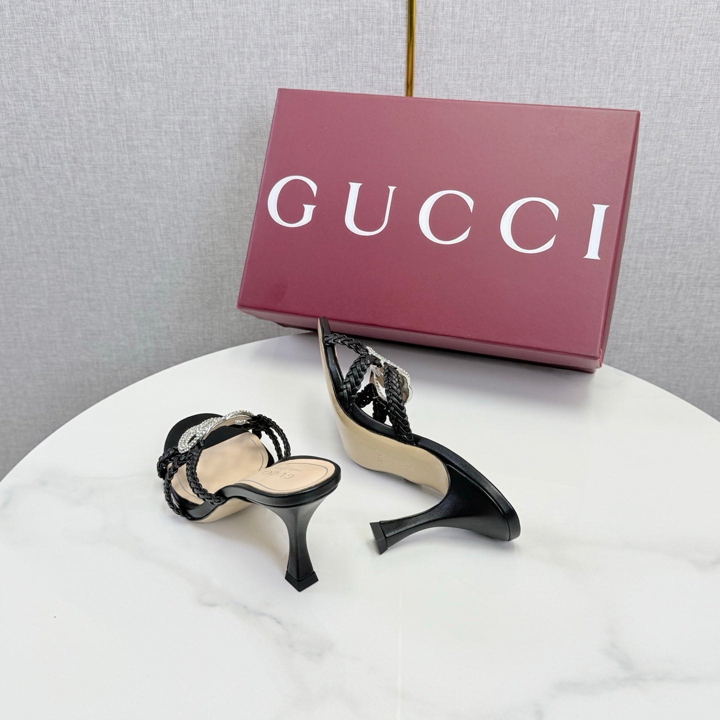 GG 26s Sandals 6.5cm With Crystal Interlocking G Black Leather 639948