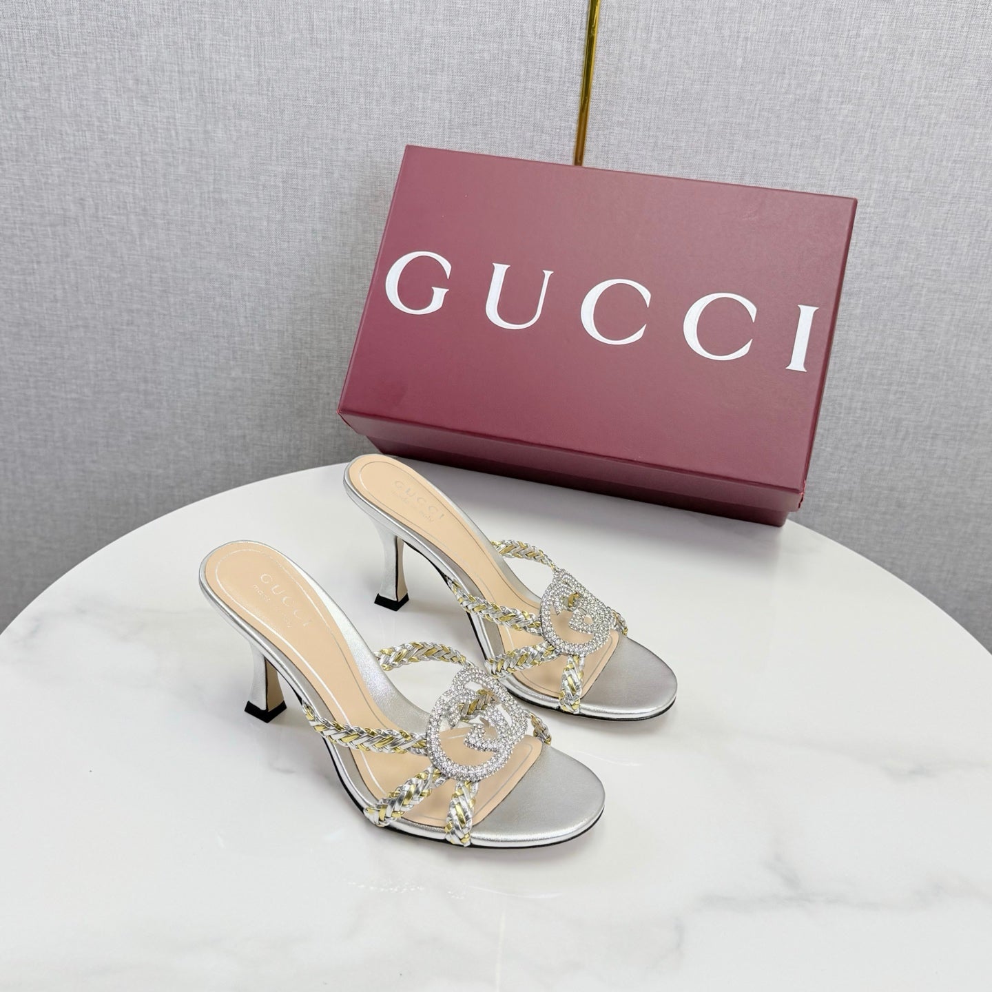 GG 26s Sandals 6.5cm With Crystal Interlocking G Sliver Leather 639949