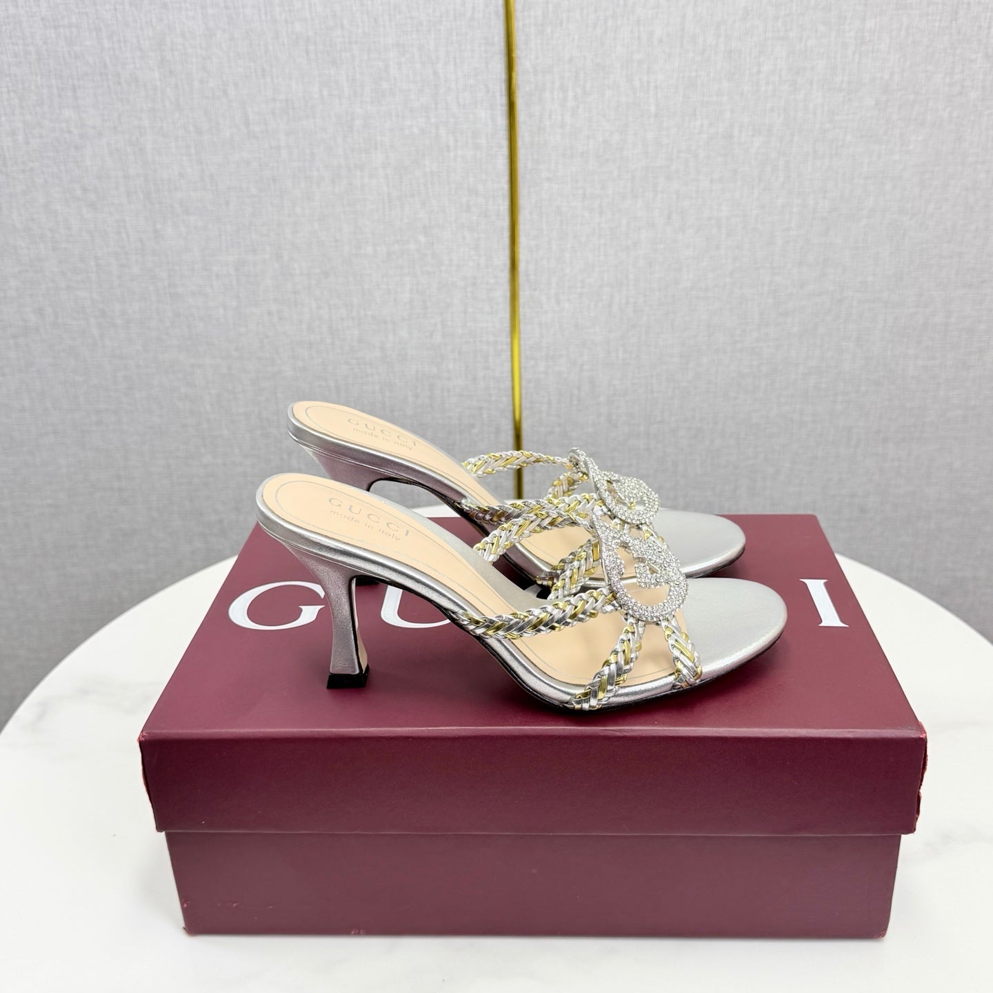 GG 26s Sandals 6.5cm With Crystal Interlocking G Sliver Leather 639949