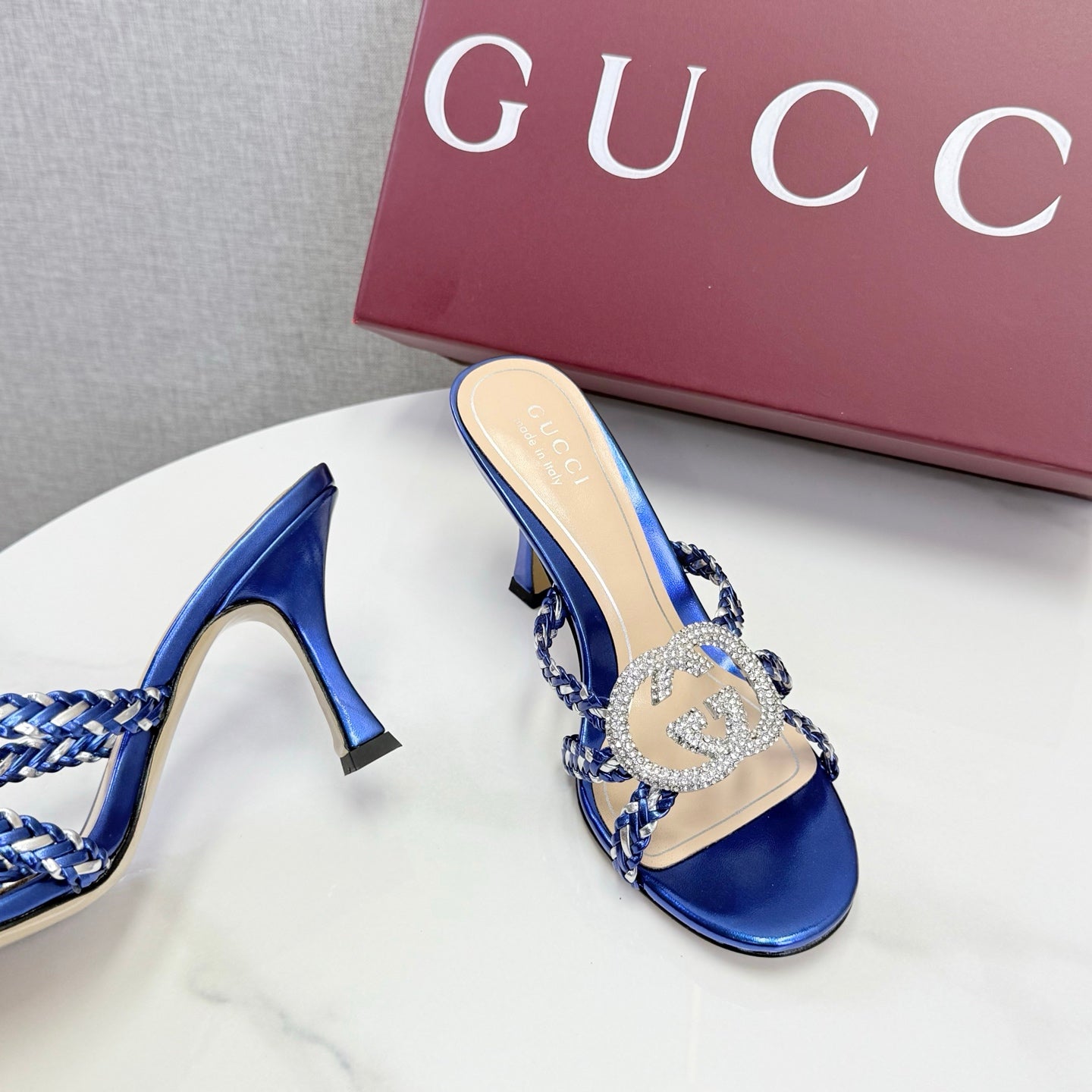 GG 26s Sandals 6.5cm With Crystal Interlocking G Dark Blue Leather 639950