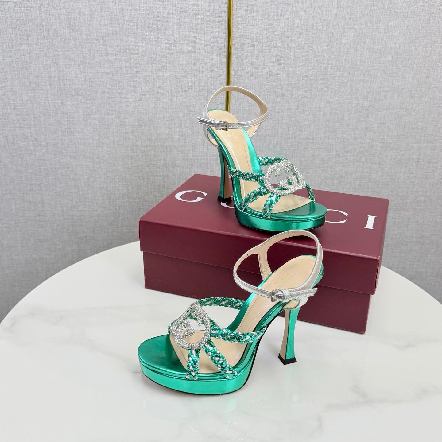 GG 26s Sandals 10.5cm With Crystal Interlocking G Teal Green Leather 639954