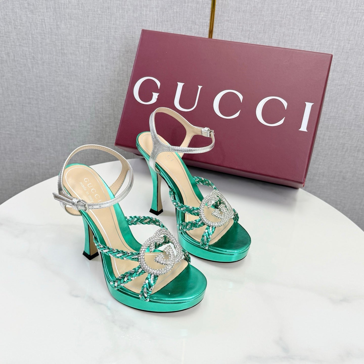 GG 26s Sandals 10.5cm With Crystal Interlocking G Teal Green Leather 639954