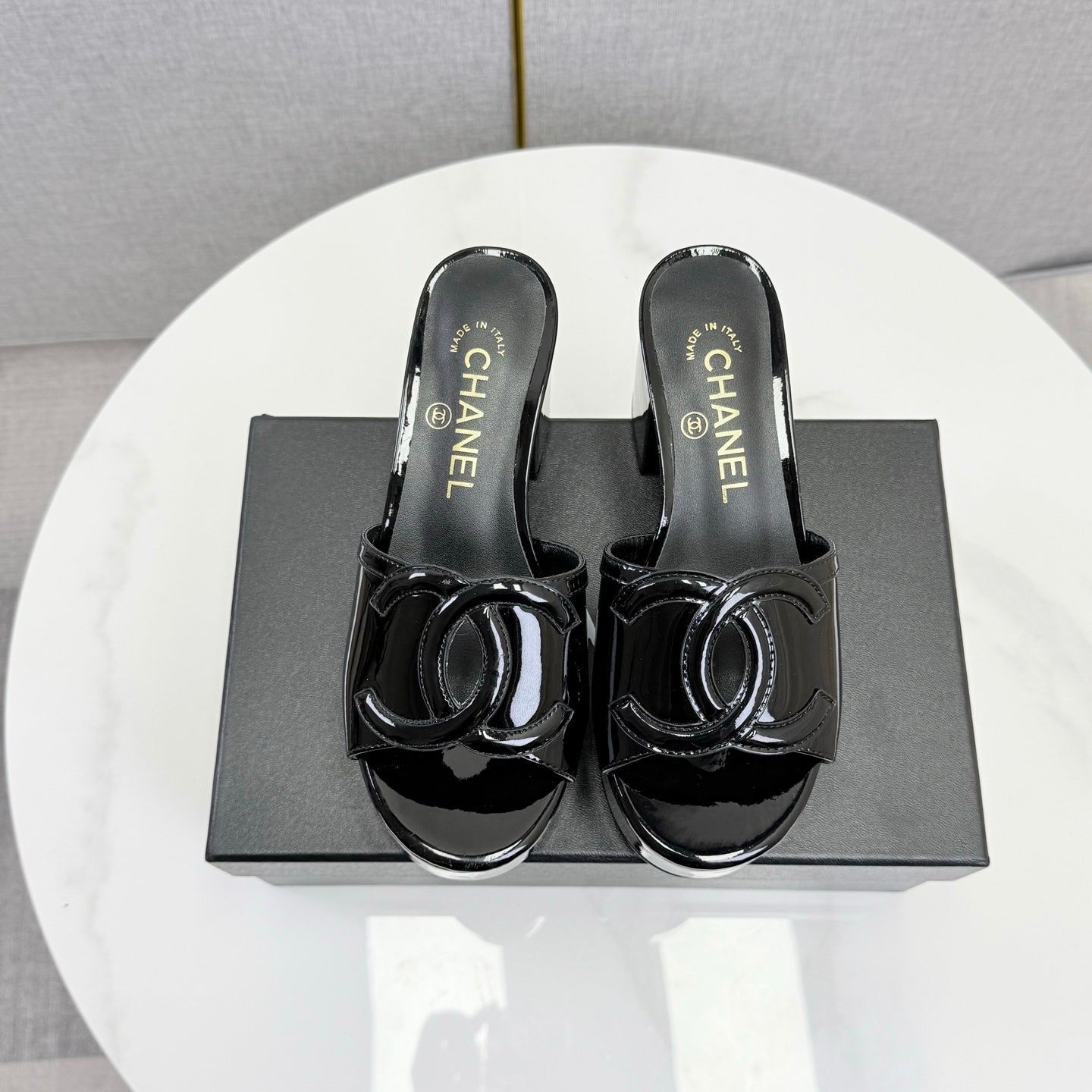 CC 26s Block Heel Sandals 10cm Black Patent Calfskin