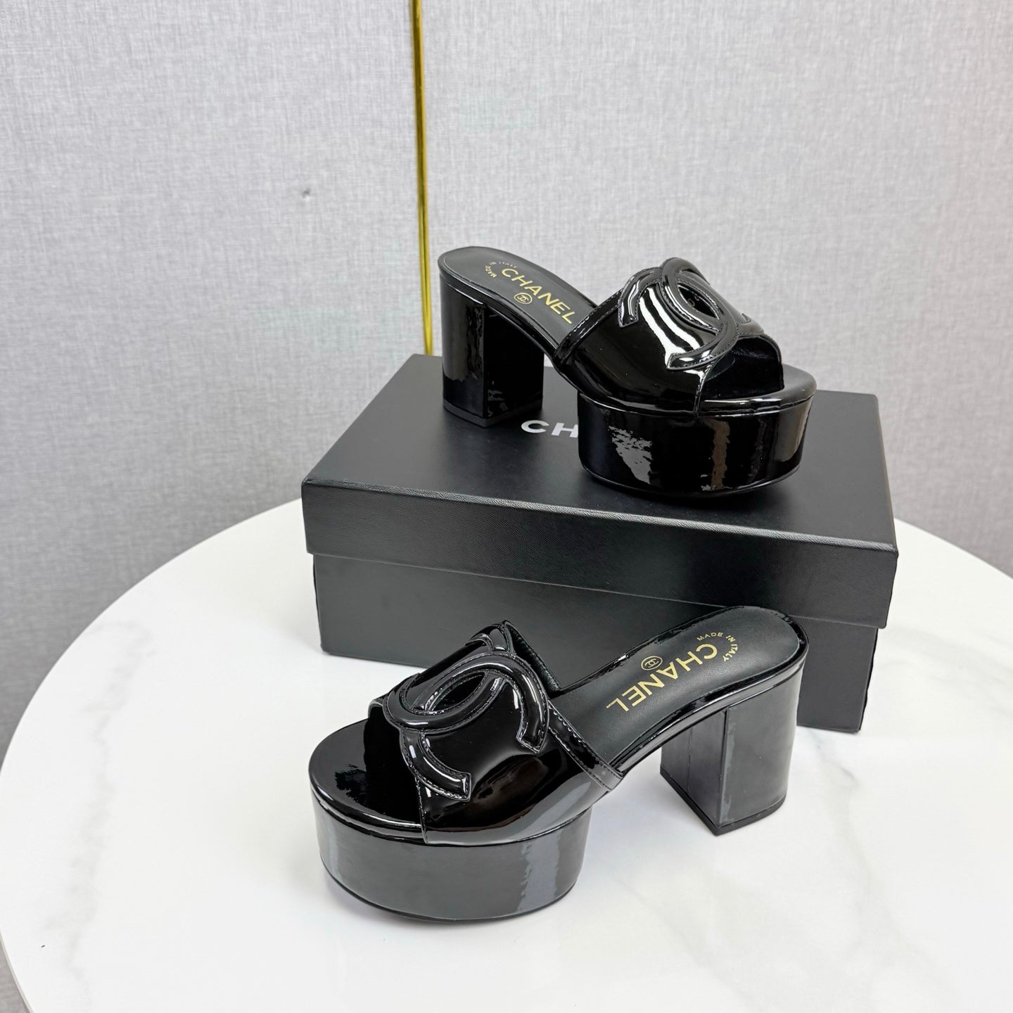 CC 26s Block Heel Sandals 10cm Black Patent Calfskin