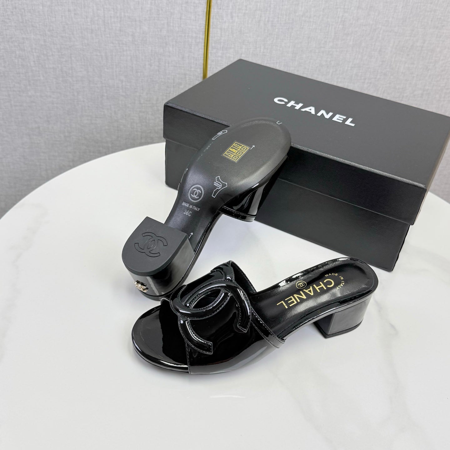CC 26s Block Heel Sandals 4cm Black Patent Calfskin