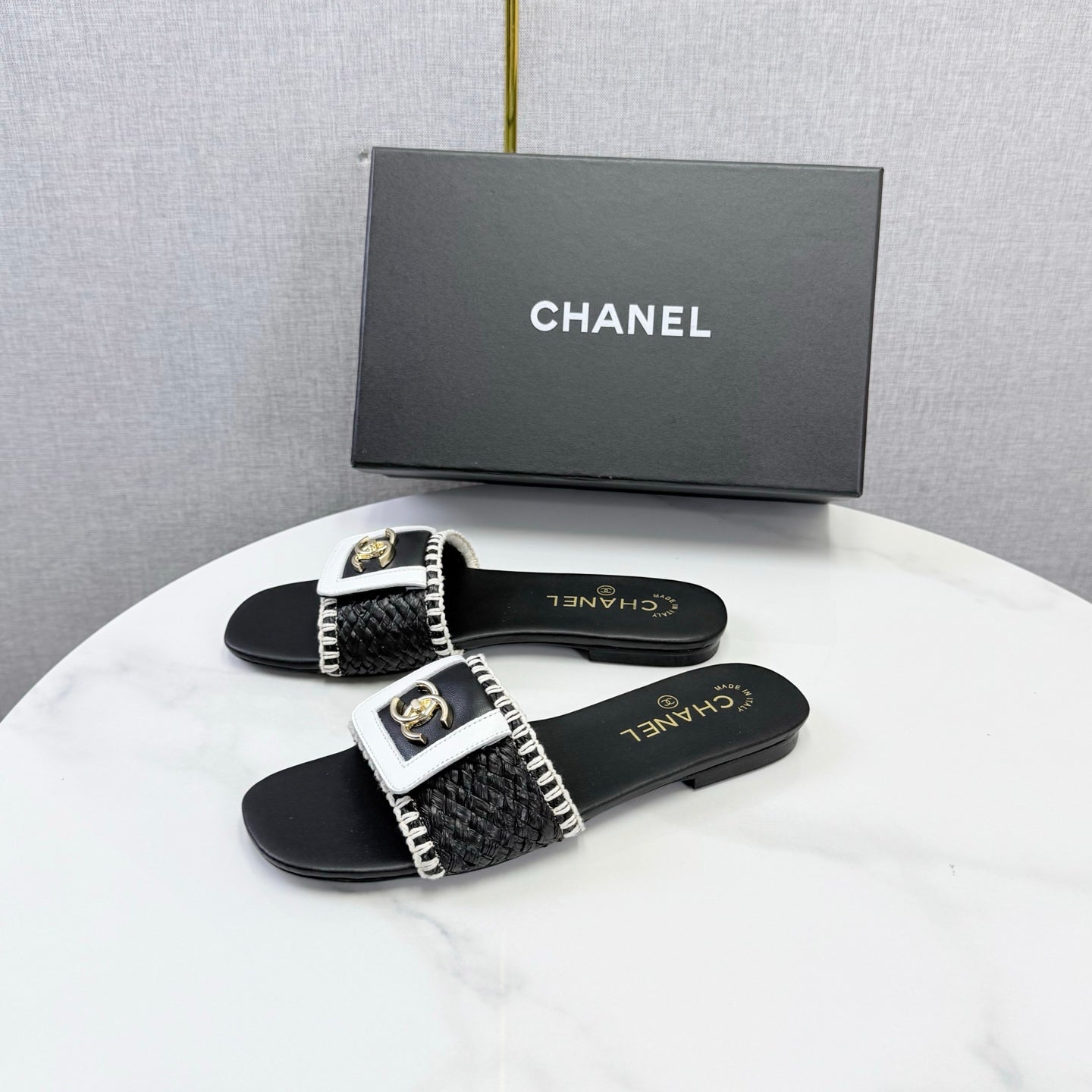 Chanel 26s Woven Strap Slides Black White Lambskin