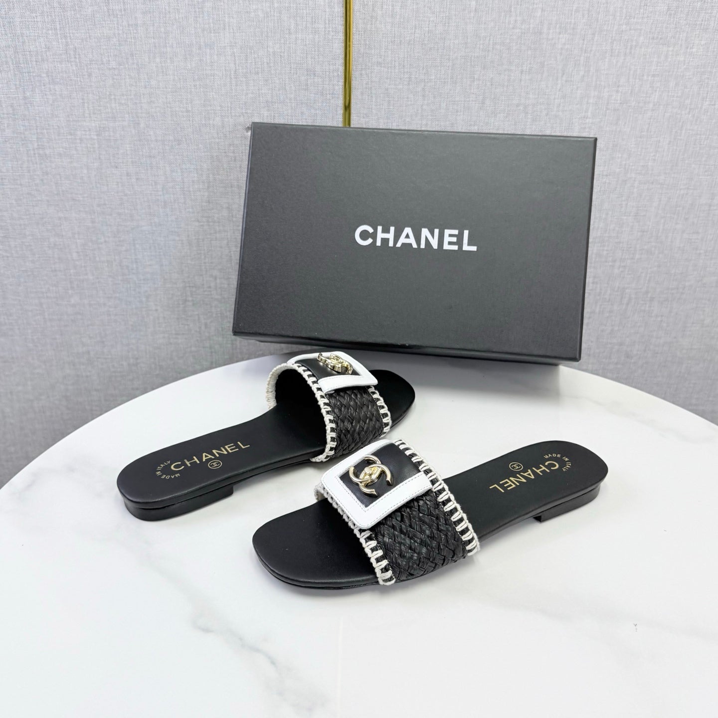 Chanel 26s Woven Strap Slides Black White Lambskin