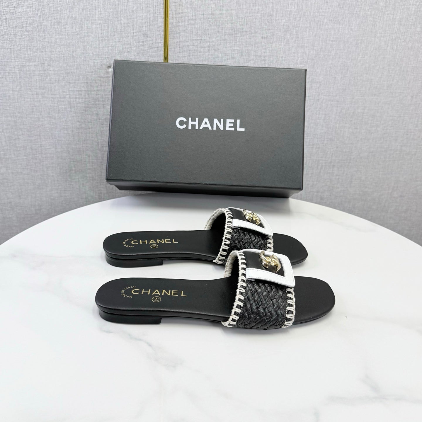 Chanel 26s Woven Strap Slides Black White Lambskin
