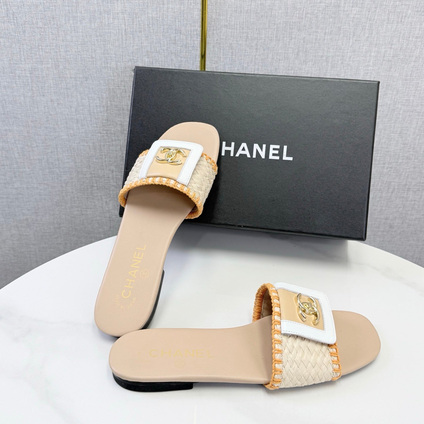 Chanel 26s Woven Strap Slides Beige Orange Lambskin