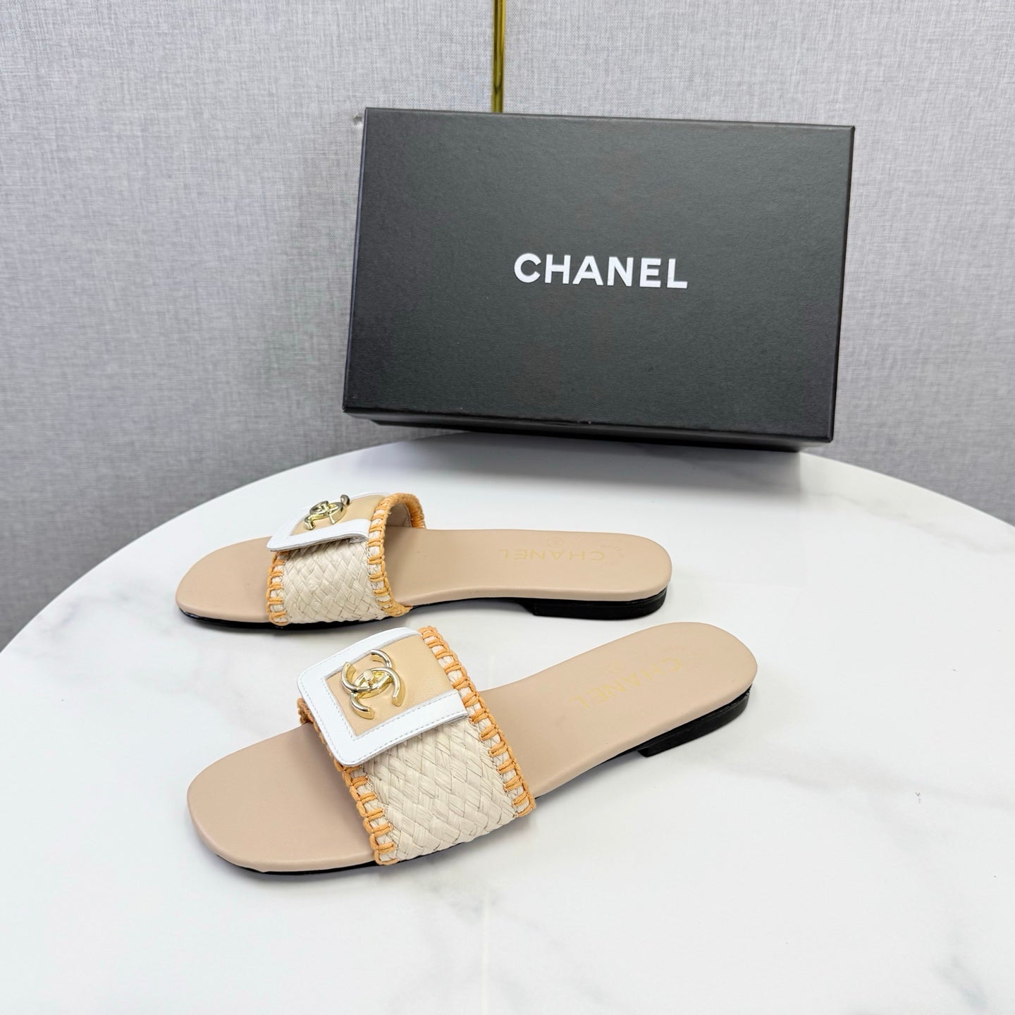 Chanel 26s Woven Strap Slides Beige Orange Lambskin