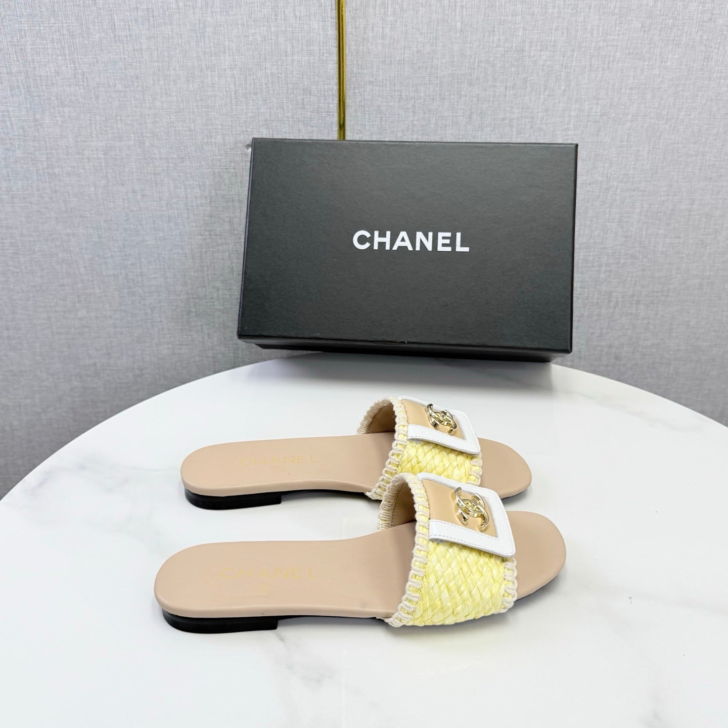 Chanel 26s Woven Strap Slides Yellow Beige Lambskin