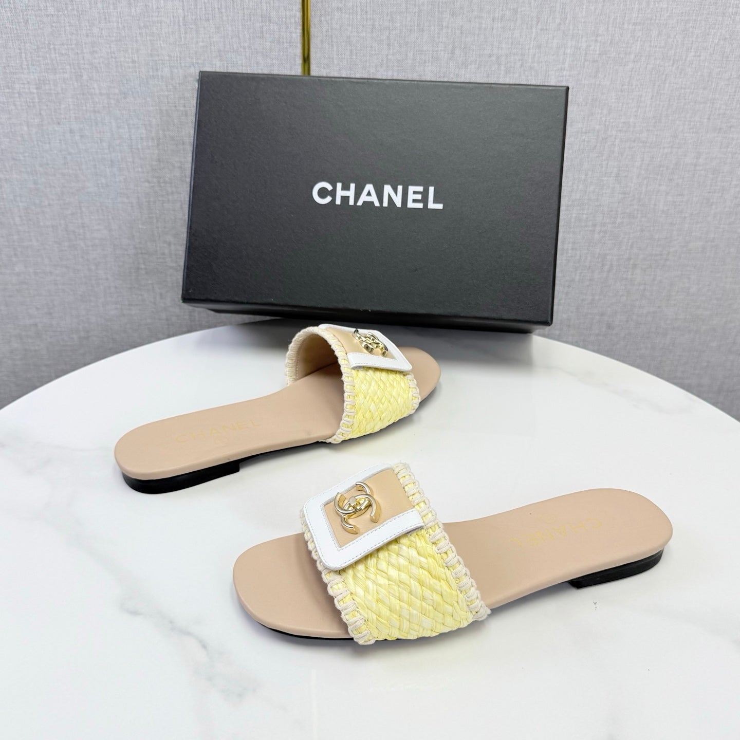 Chanel 26s Woven Strap Slides Yellow Beige Lambskin