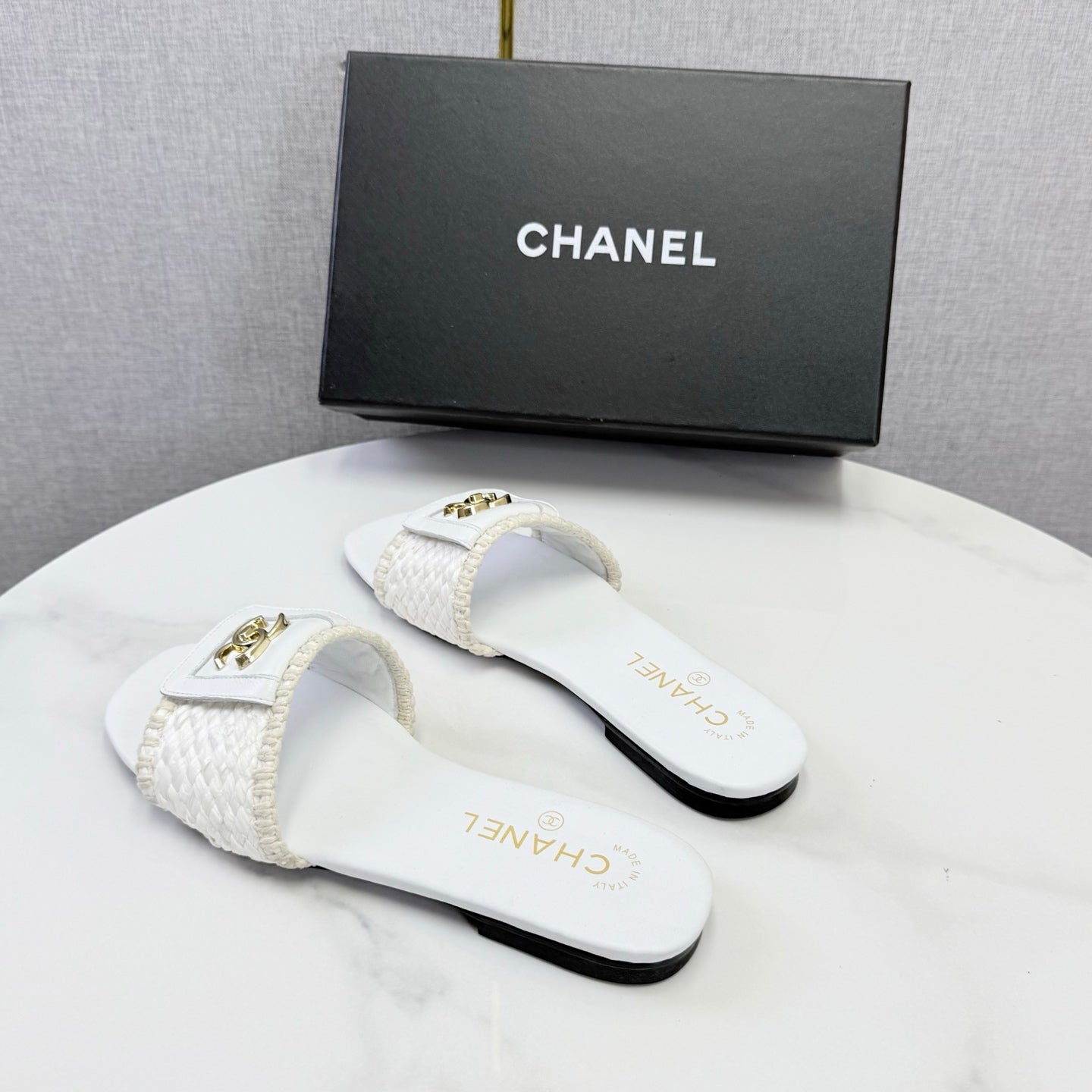 Chanel 26s Woven Strap Slides White Lambskin