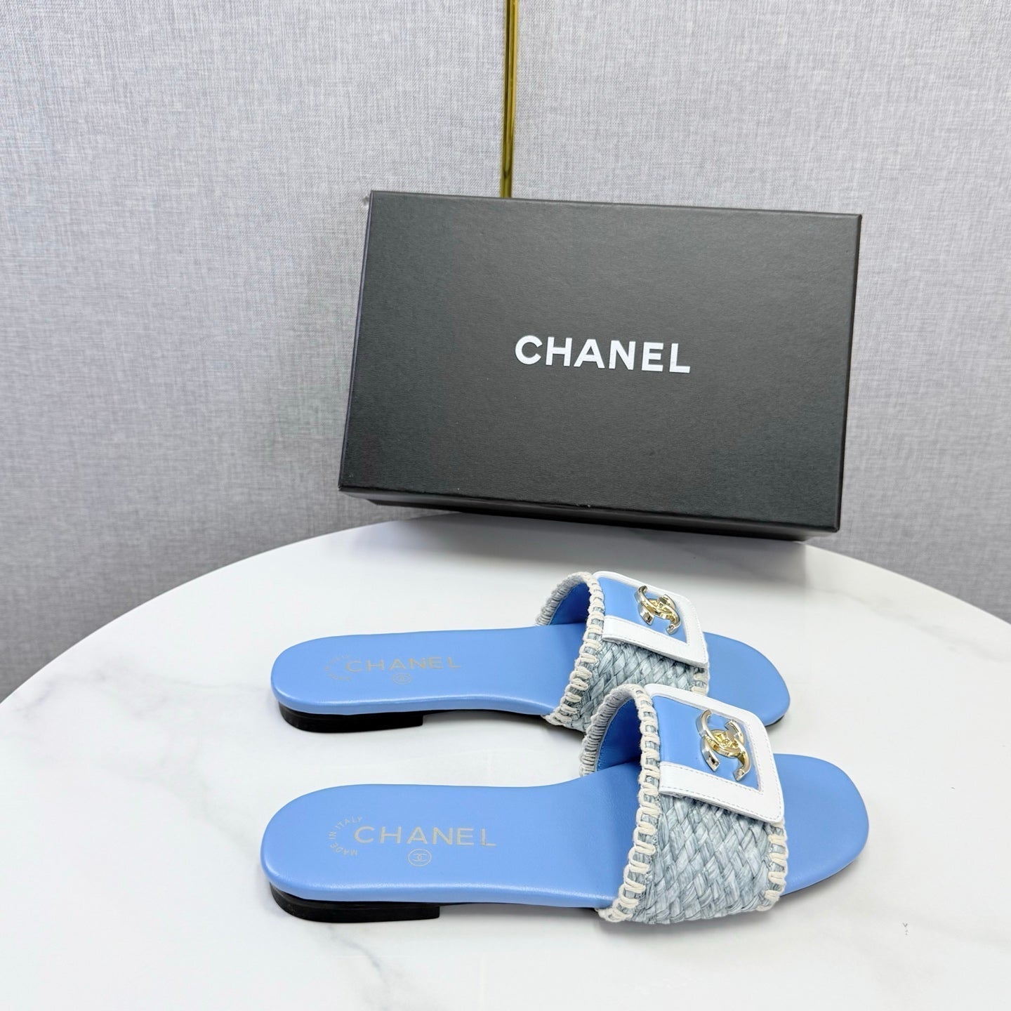 Chanel 26s Woven Strap Slides Sky Blue Lambskin