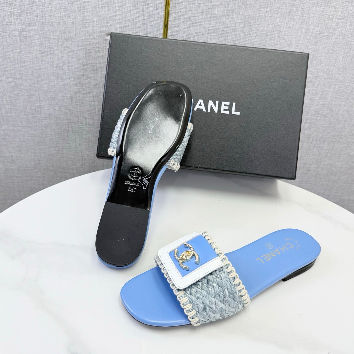 Chanel 26s Woven Strap Slides Sky Blue Lambskin
