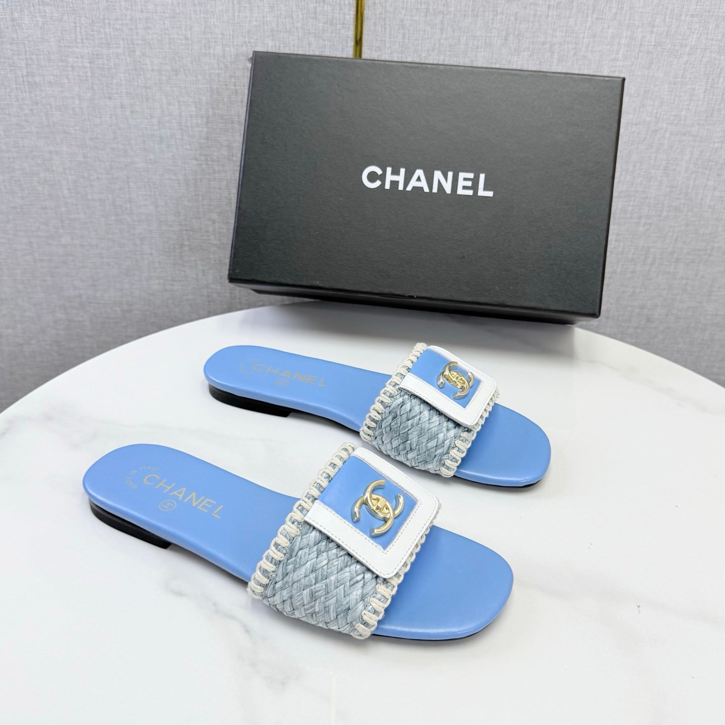 Chanel 26s Woven Strap Slides Sky Blue Lambskin