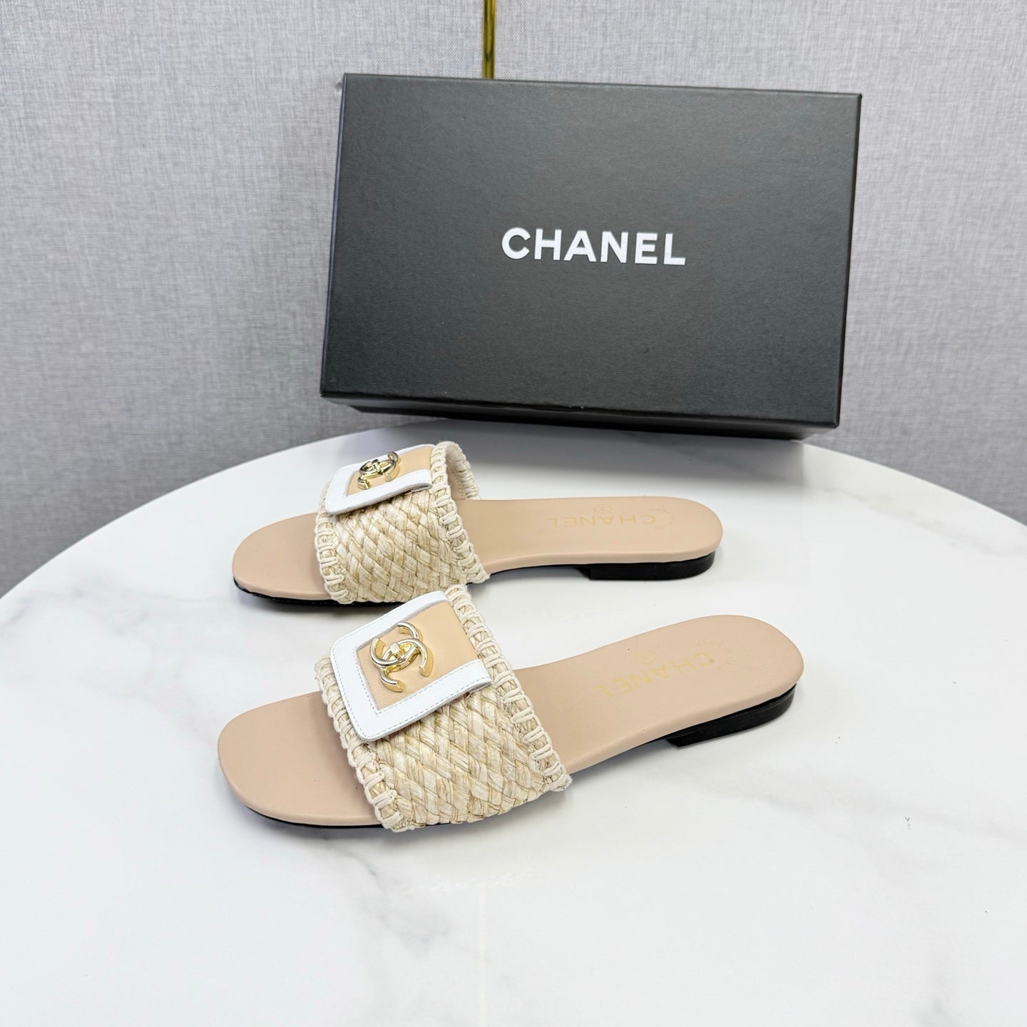 Chanel 26s Woven Strap Slides Beige Lambskin