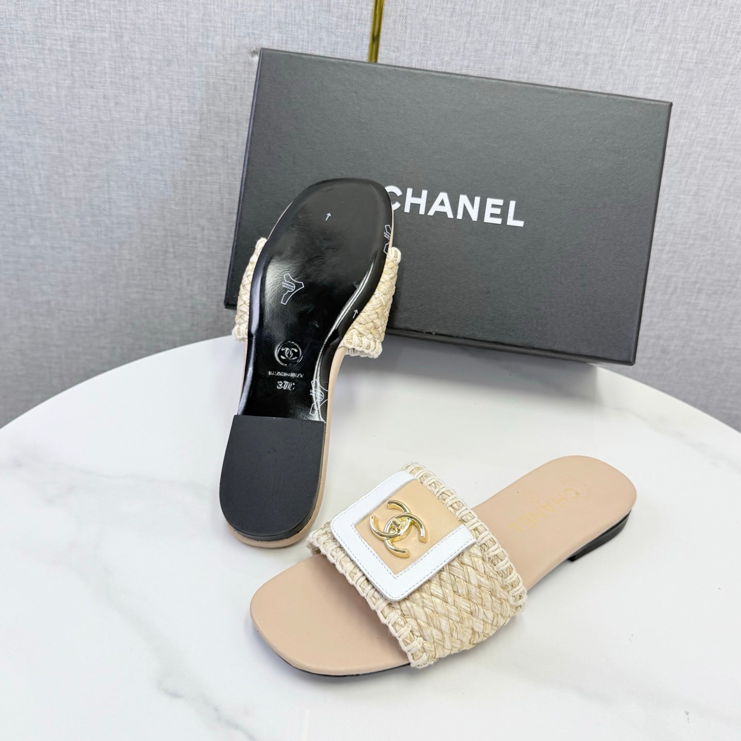 Chanel 26s Woven Strap Slides Beige Lambskin