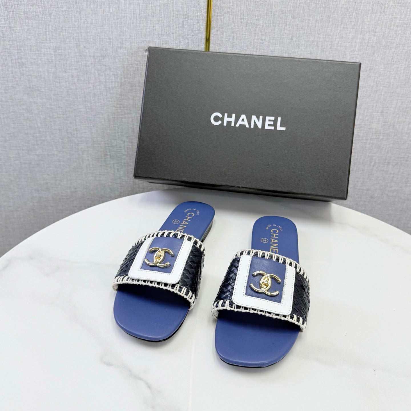 Chanel 26s Woven Strap Slides Dark Blue Lambskin