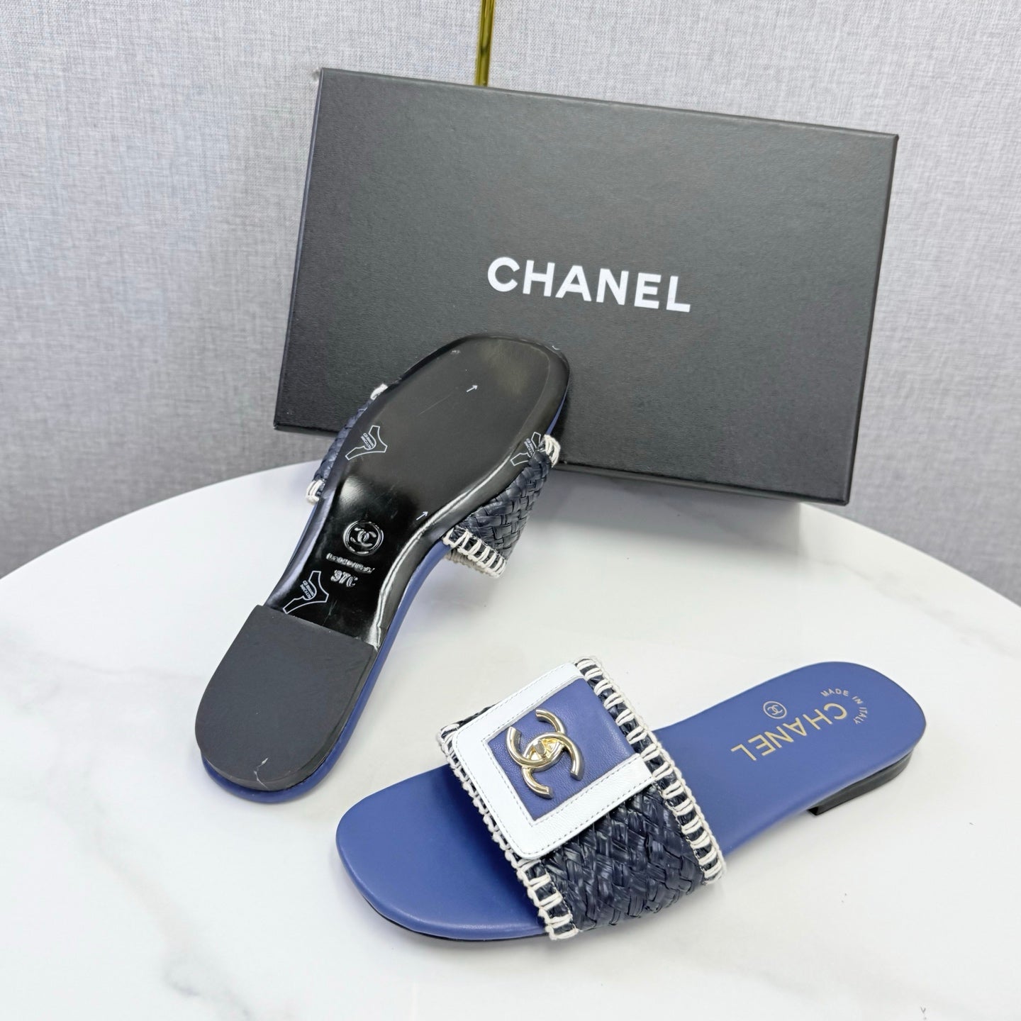 Chanel 26s Woven Strap Slides Dark Blue Lambskin