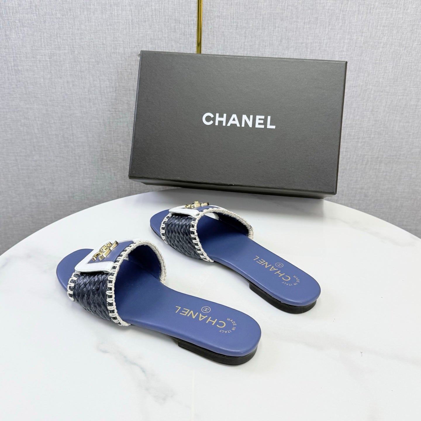 Chanel 26s Woven Strap Slides Dark Blue Lambskin