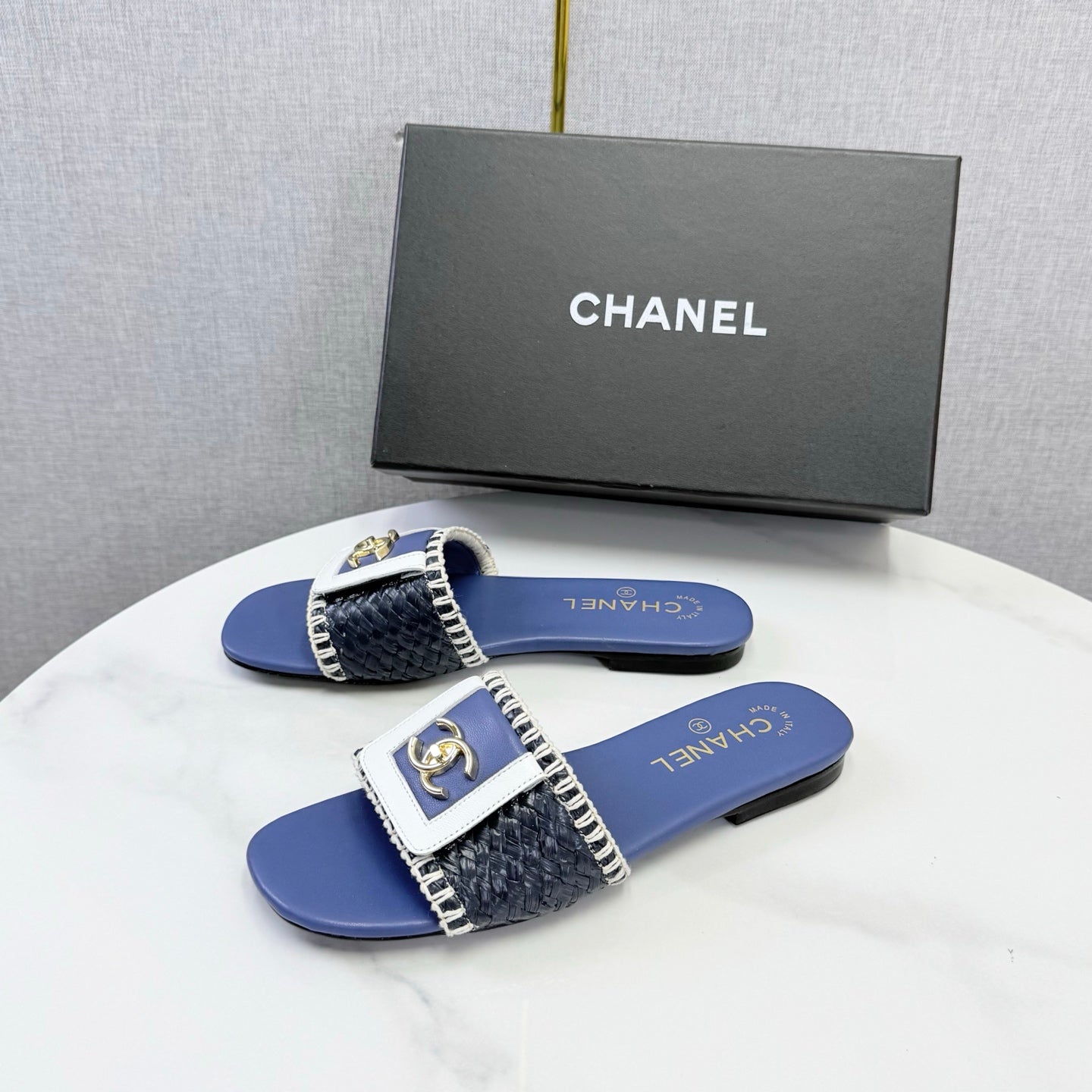 Chanel 26s Woven Strap Slides Dark Blue Lambskin
