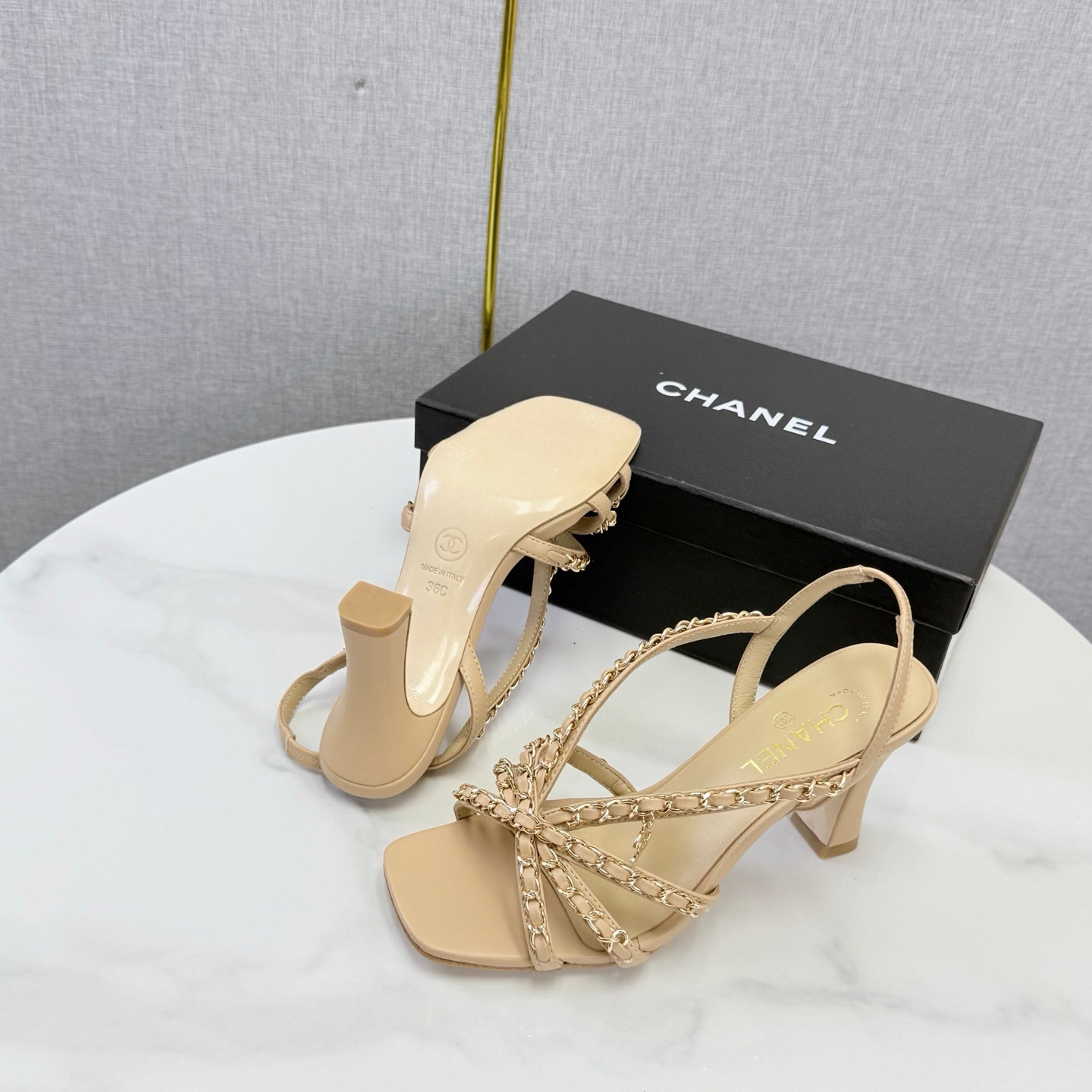CC 26s Chain Strap High Heels 6.5cm Beige Lambskin