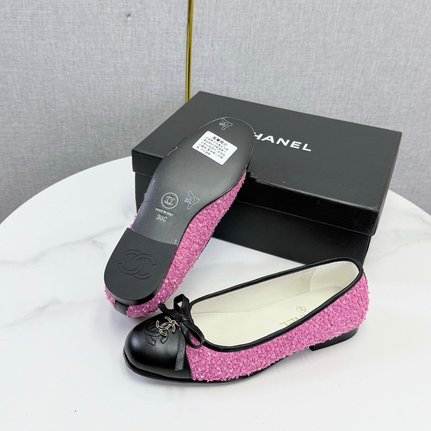 CC 26s Ballet Flats In Dark Pink Tweed And Lambskin