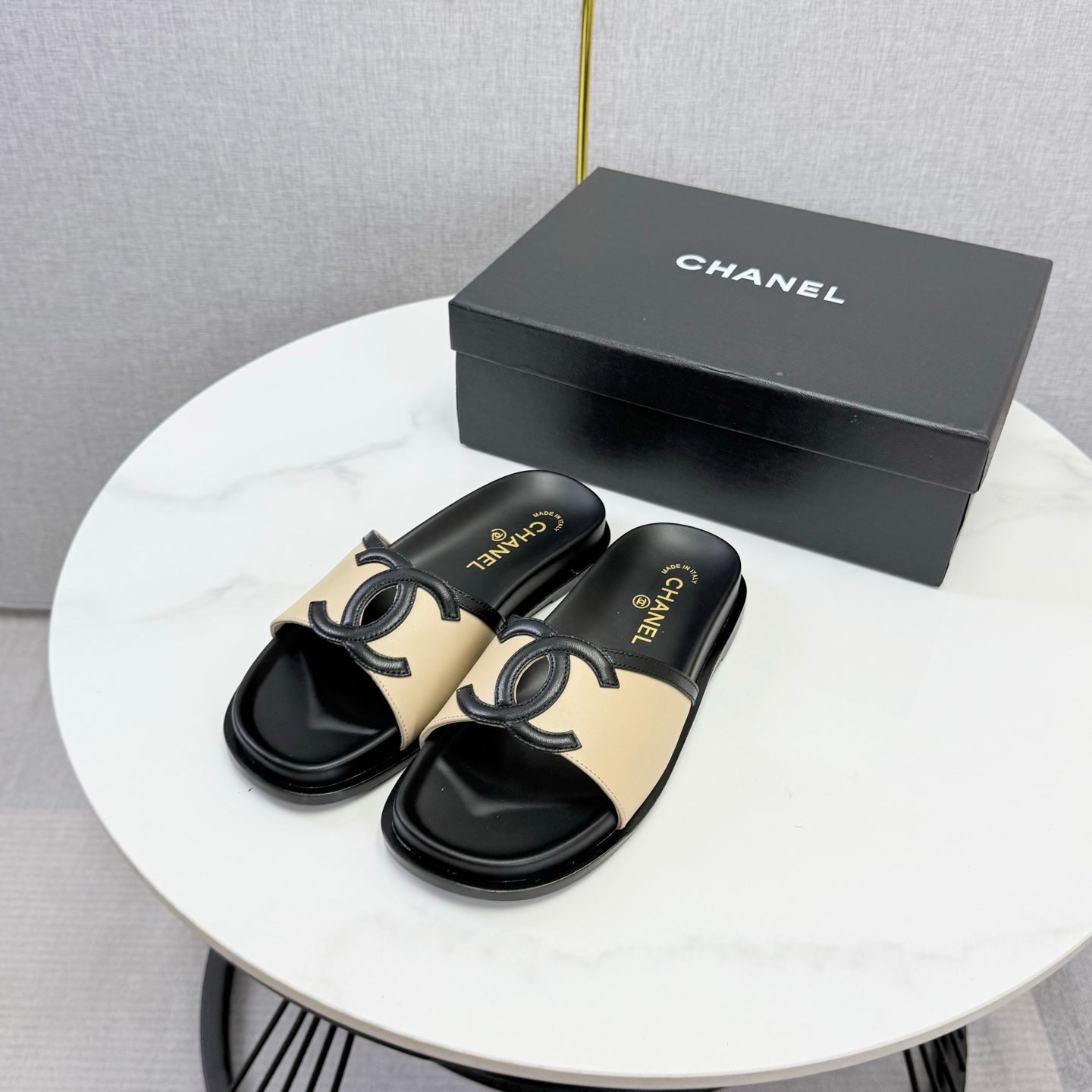 Chanel 26s Iconic CC Slides Beige Lambskin