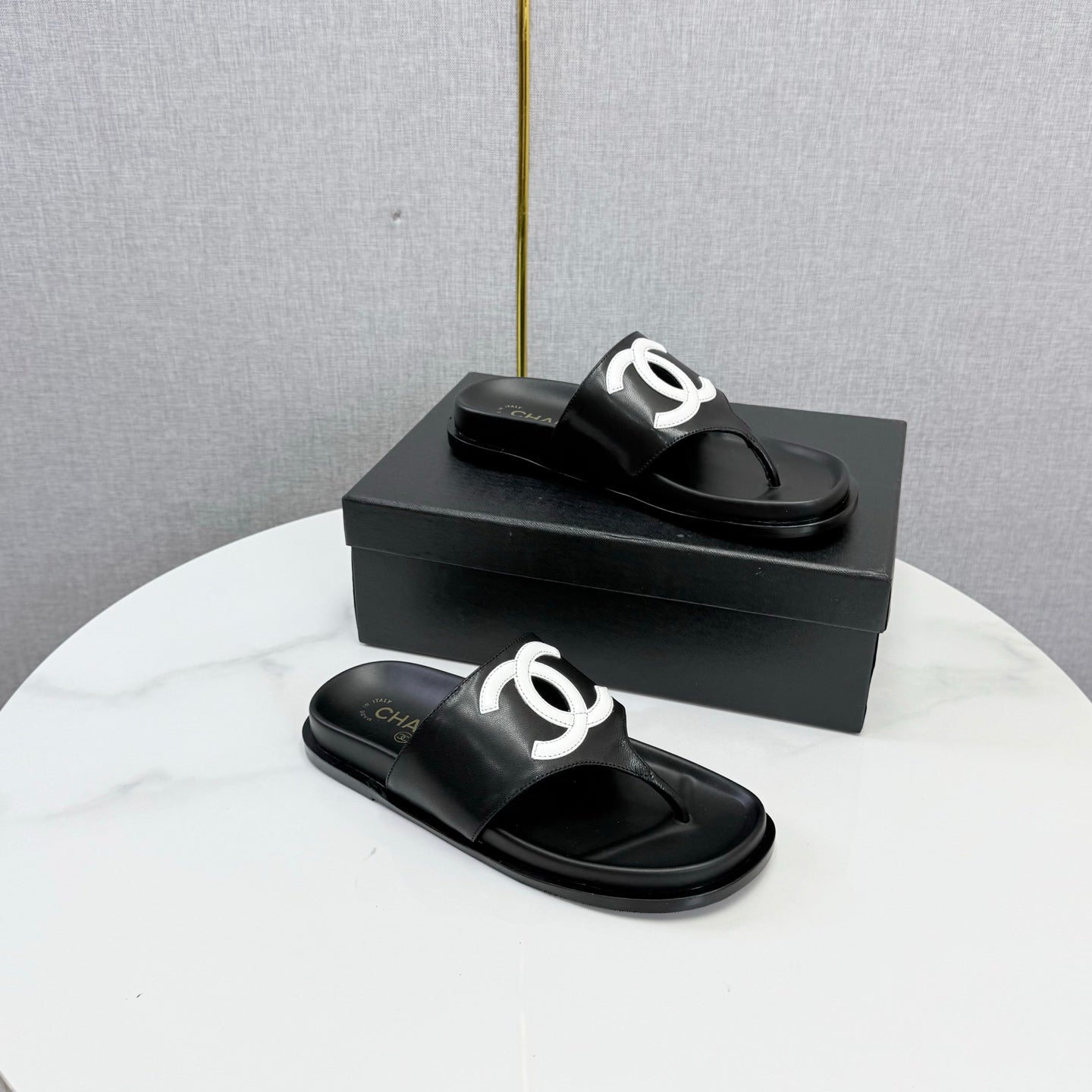 Chanel 26s CC Thong Slides Black Lambskin