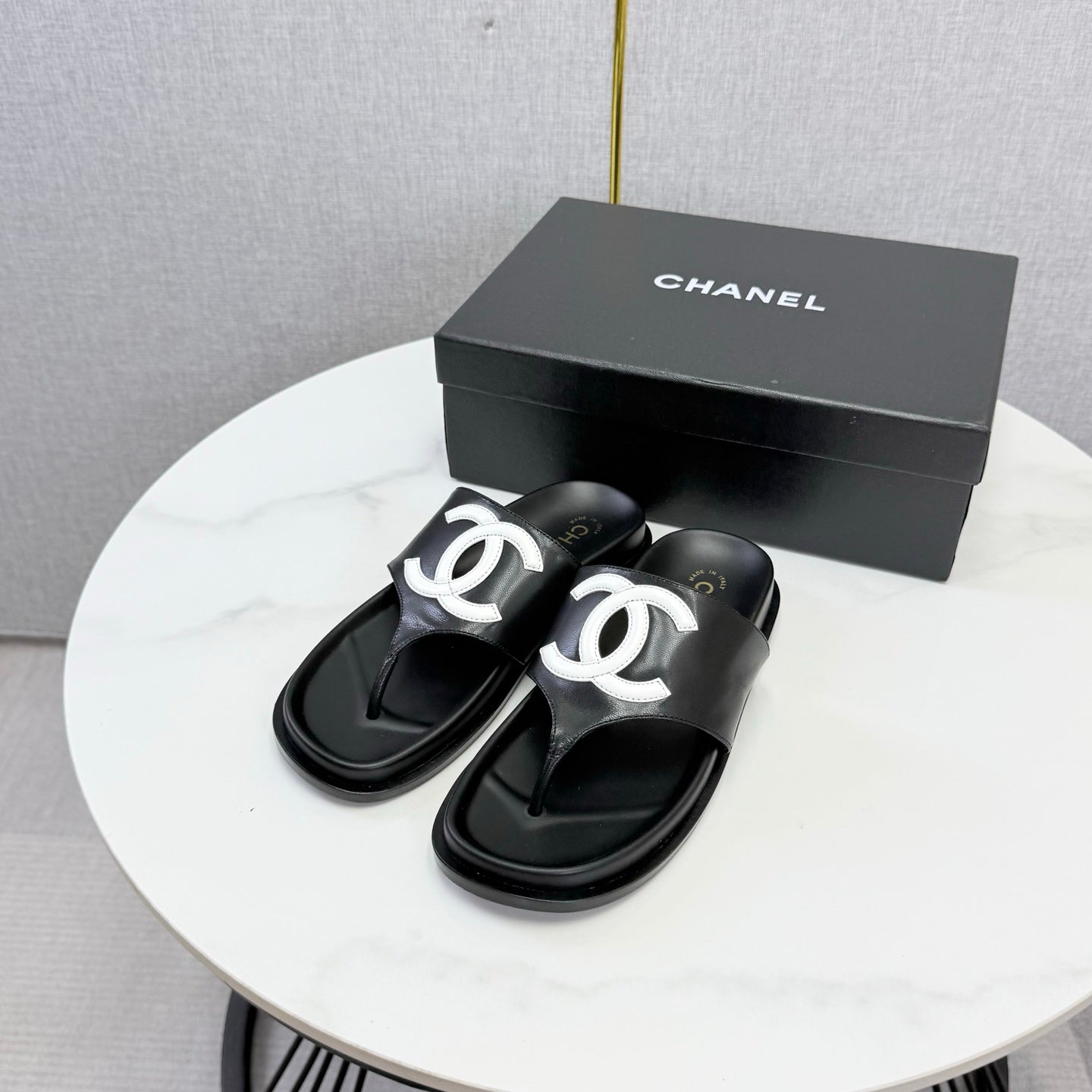 Chanel 26s CC Thong Slides Black Lambskin