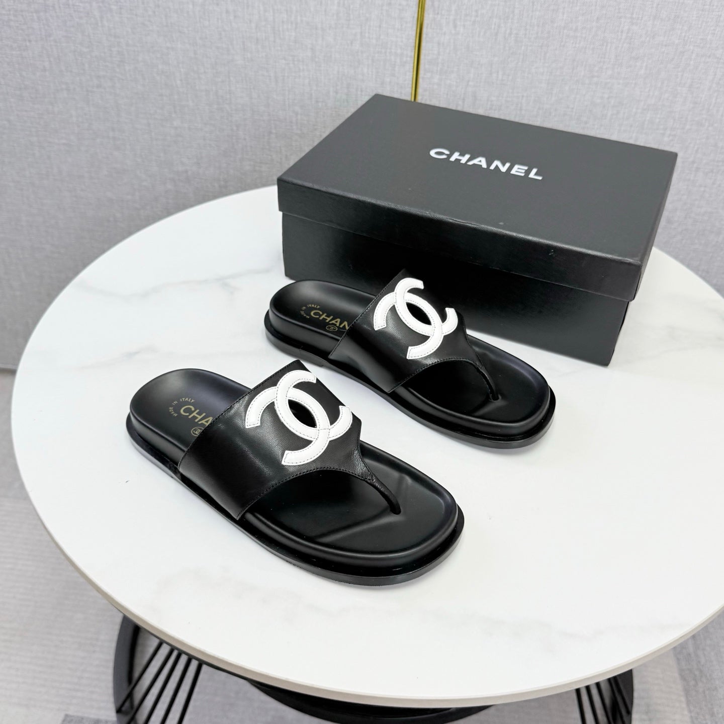 Chanel 26s CC Thong Slides Black Lambskin