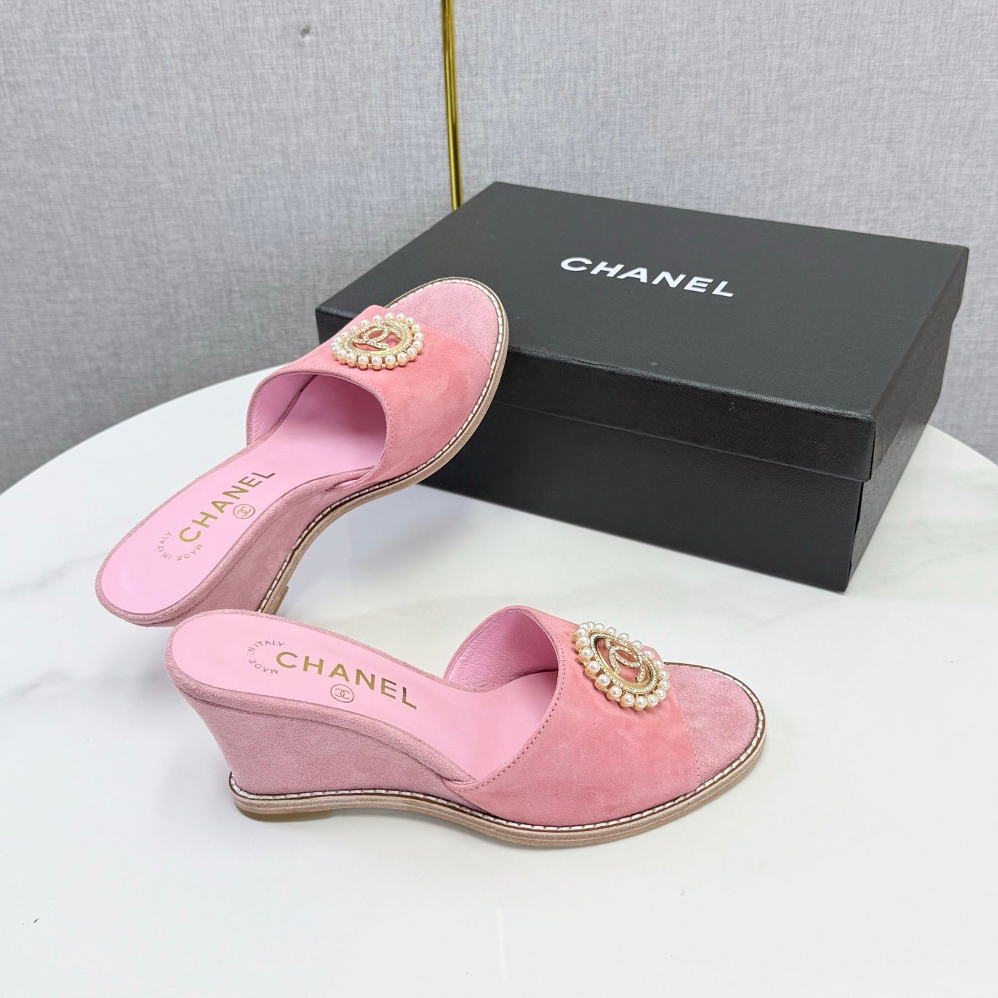 CC 26s Wedge Heels In Pink Suede With CC Pearl Embellished