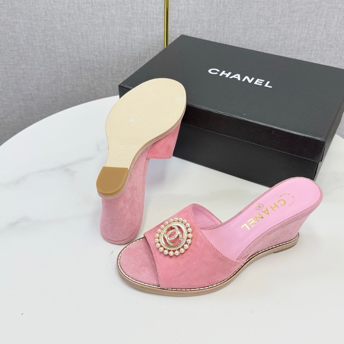 CC 26s Wedge Heels In Pink Suede With CC Pearl Embellished