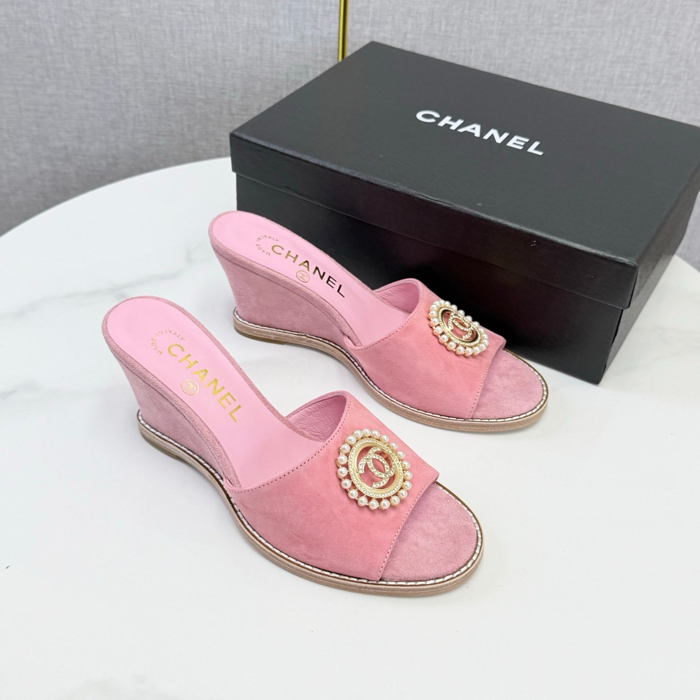 CC 26s Wedge Heels In Pink Suede With CC Pearl Embellished