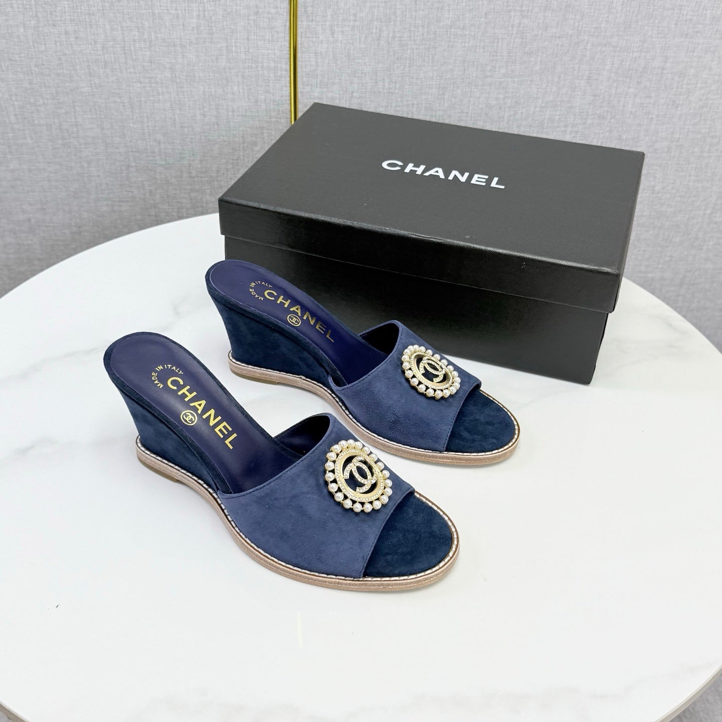 CC 26s Wedge Heels In Dark Blue Suede With Cc Pearl Embellished