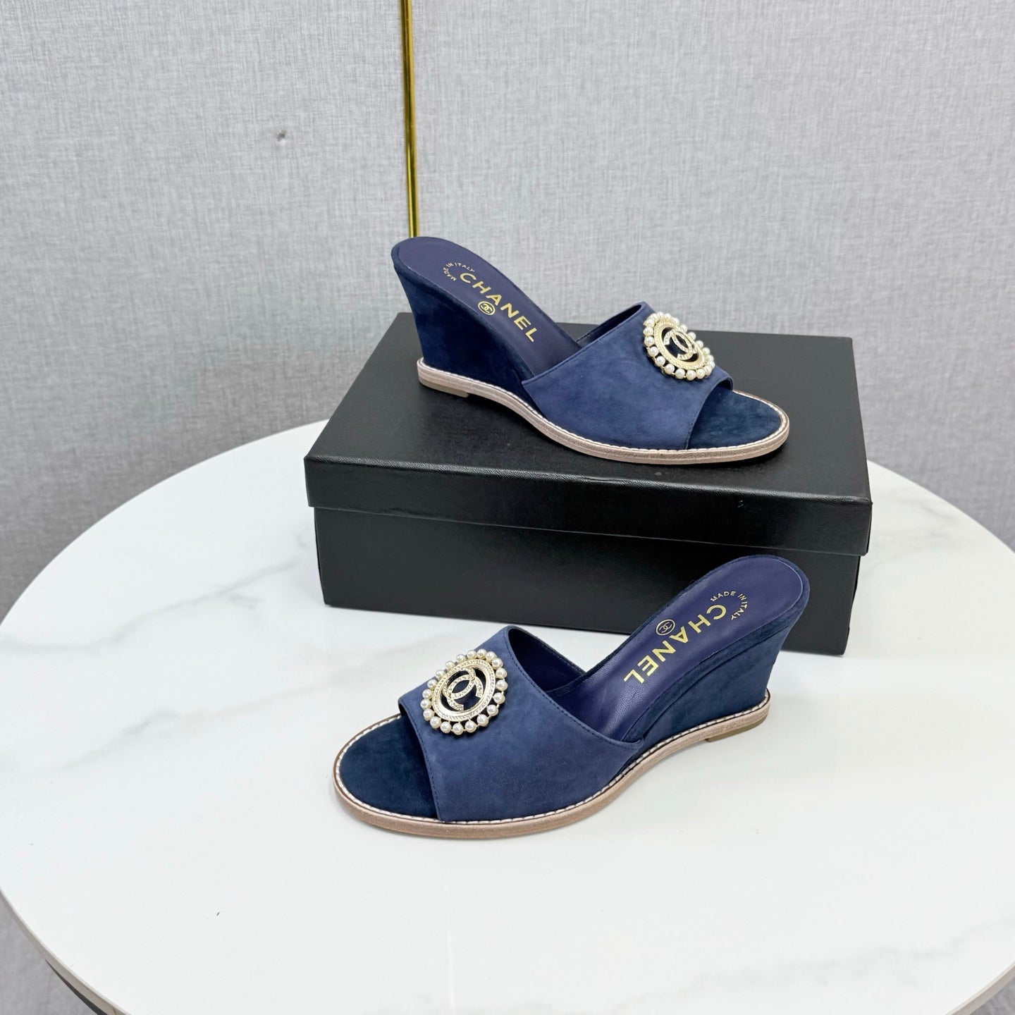 CC 26s Wedge Heels In Dark Blue Suede With Cc Pearl Embellished