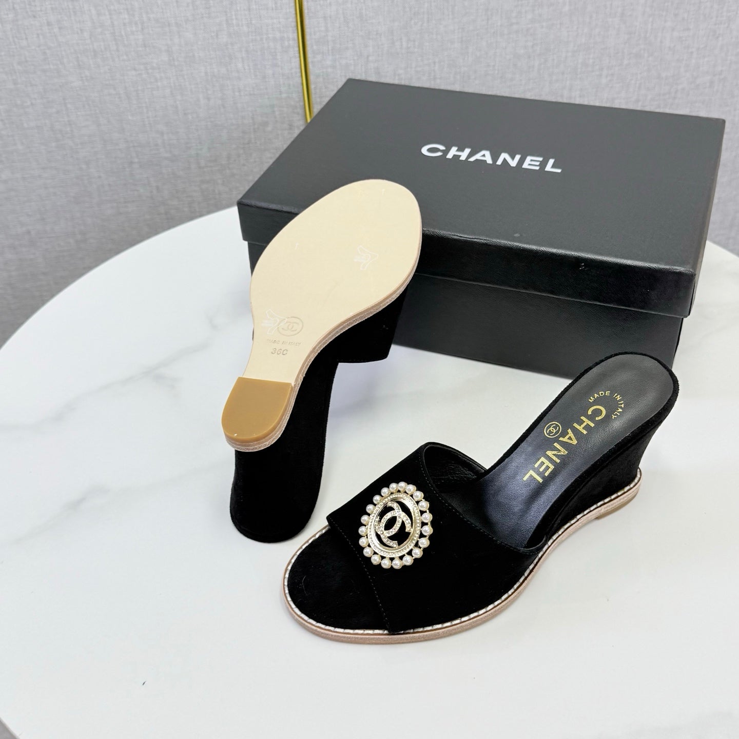 CC 26s Wedge Heels In Black Suede With Cc Pearl Embellished