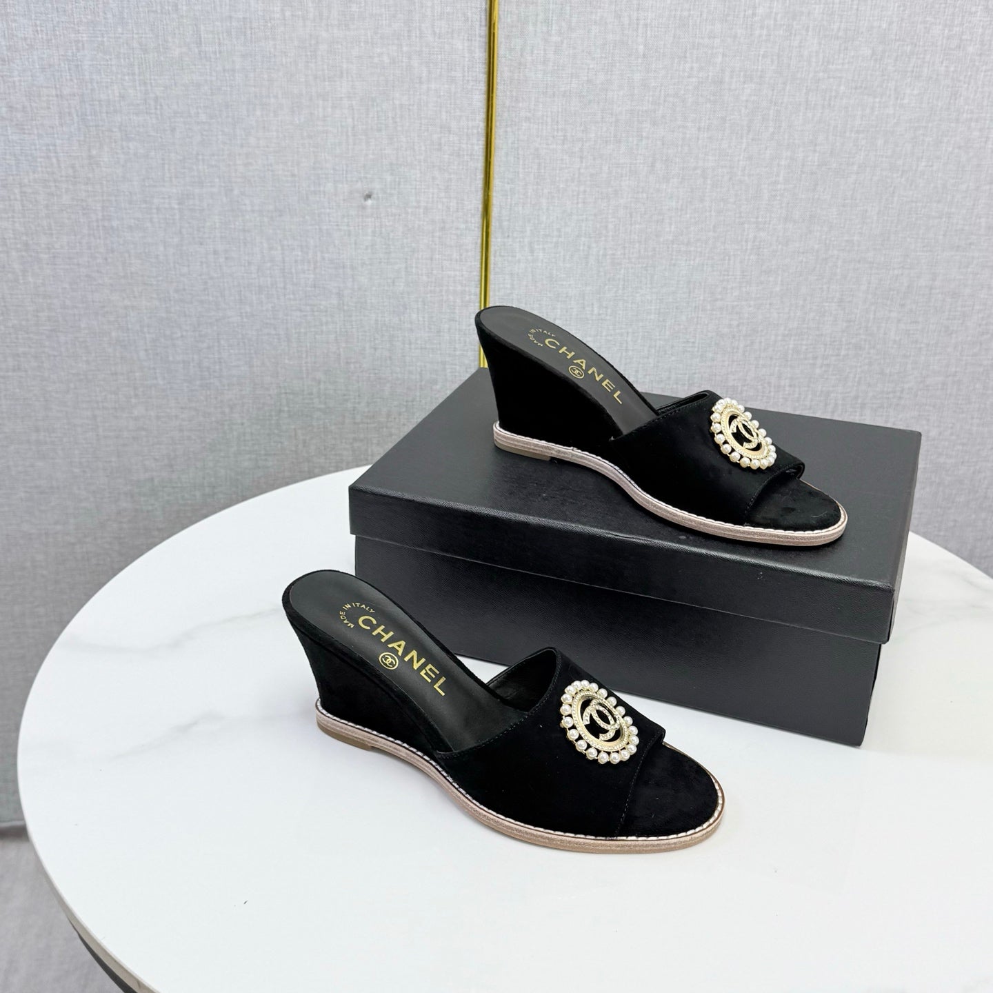 CC 26s Wedge Heels In Black Suede With Cc Pearl Embellished