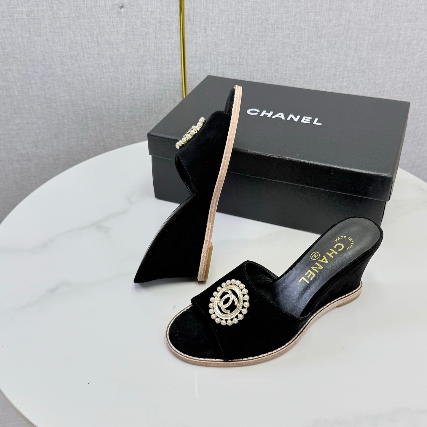 CC 26s Wedge Heels In Black Suede With Cc Pearl Embellished