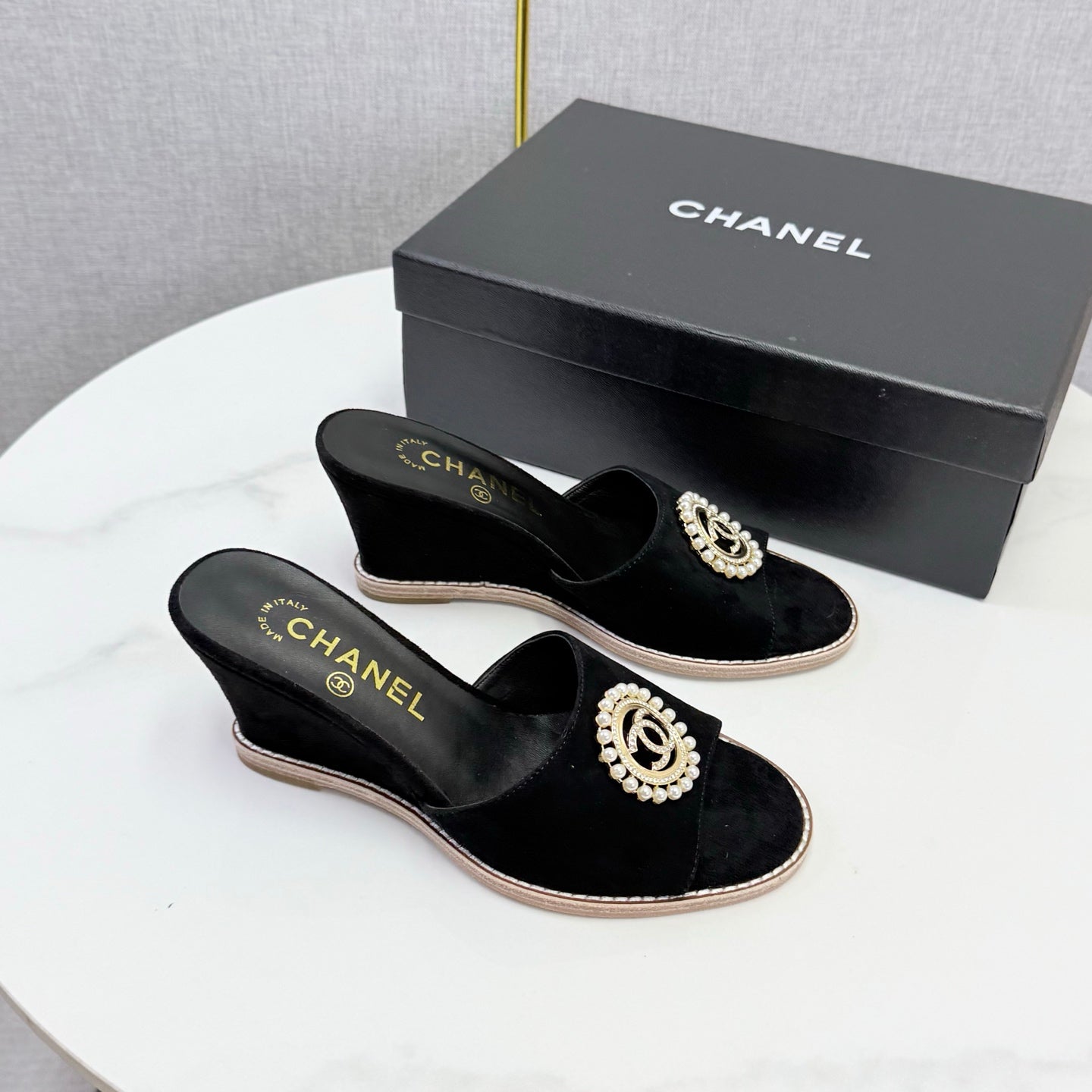 CC 26s Wedge Heels In Black Suede With Cc Pearl Embellished