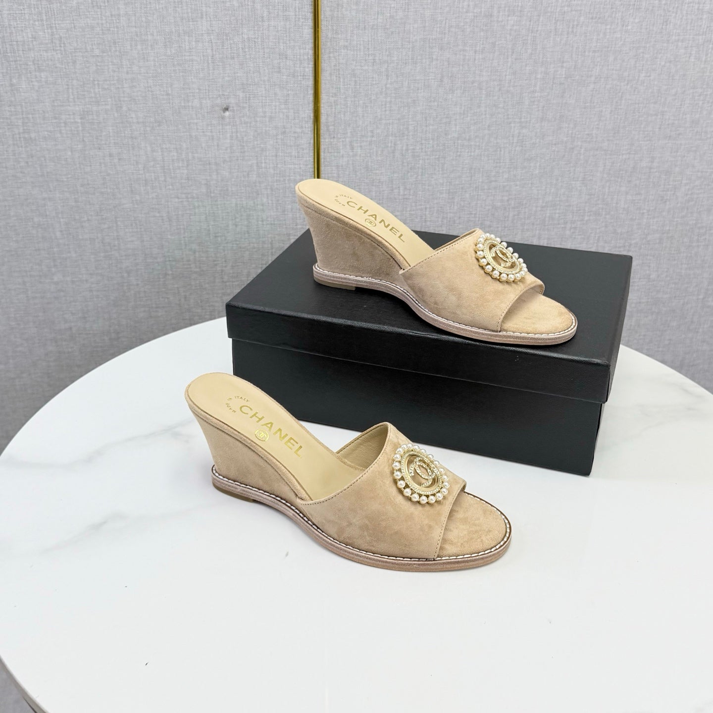 CC 26s Wedge Heels In Beige Suede With Cc Pearl Embellished