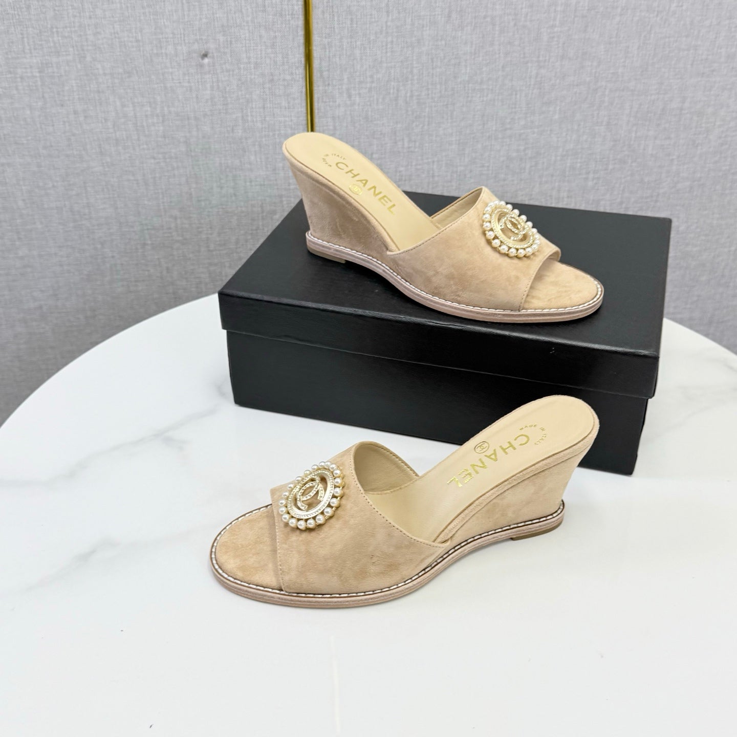 CC 26s Wedge Heels In Beige Suede With Cc Pearl Embellished