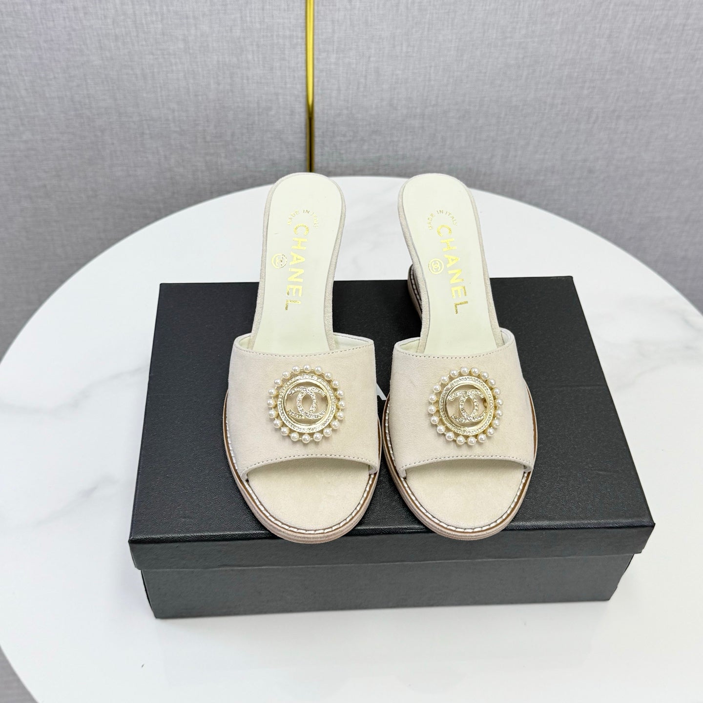 CC 26s Wedge Heels In Light Beige Suede With CC Pearl Embellished