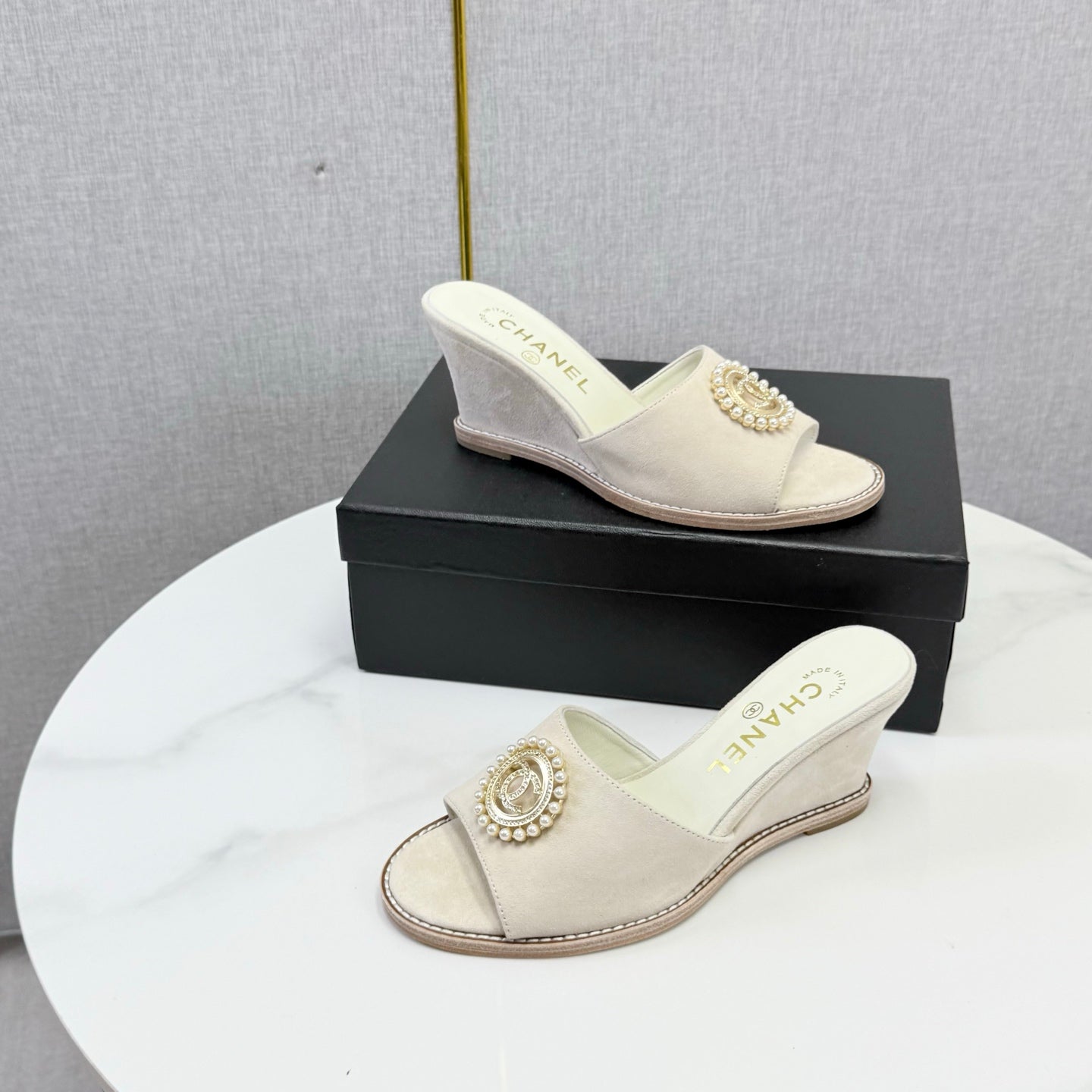 CC 26s Wedge Heels In Light Beige Suede With CC Pearl Embellished