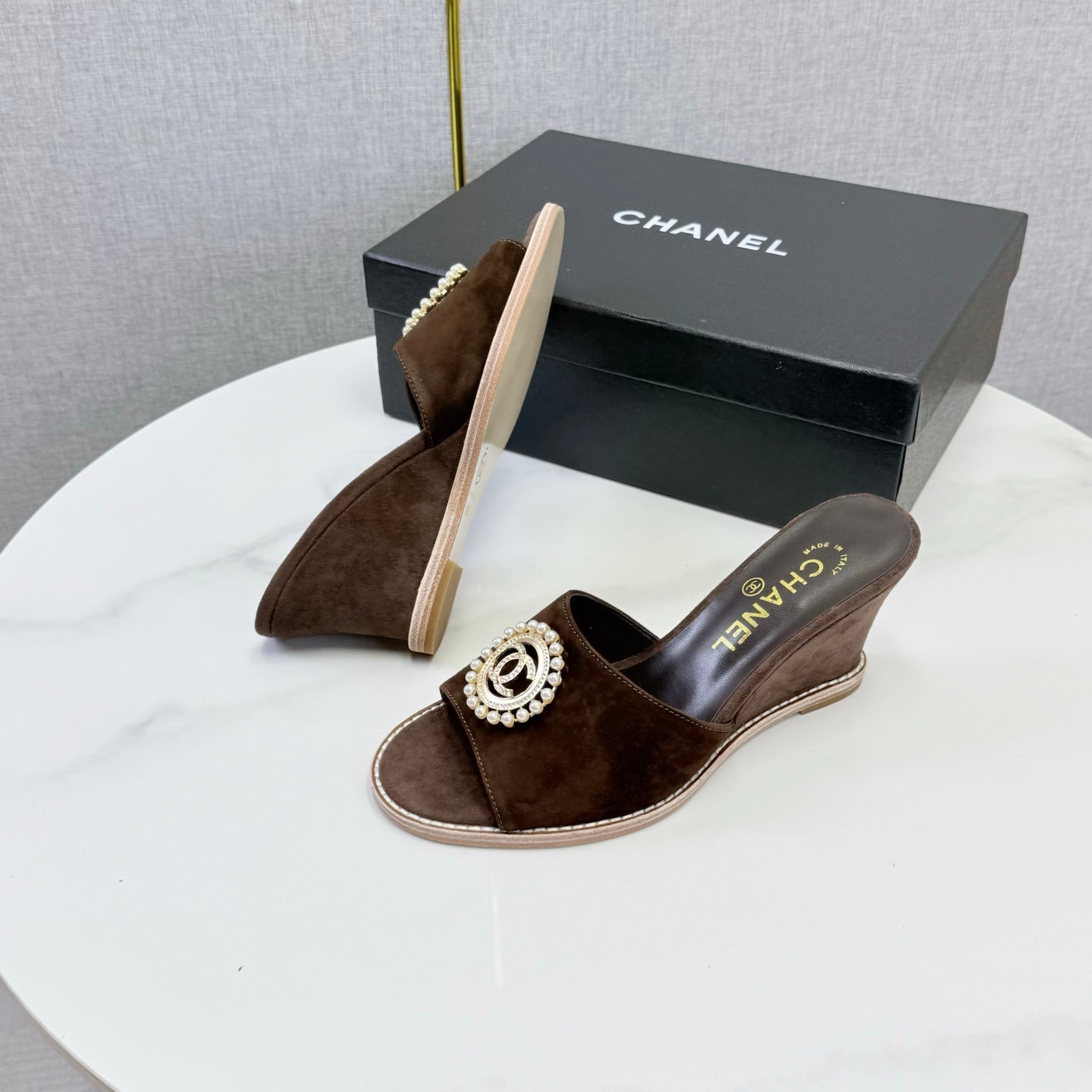 CC 26s Wedge Heels In Dark Brown Suede With CC Pearl Embellished