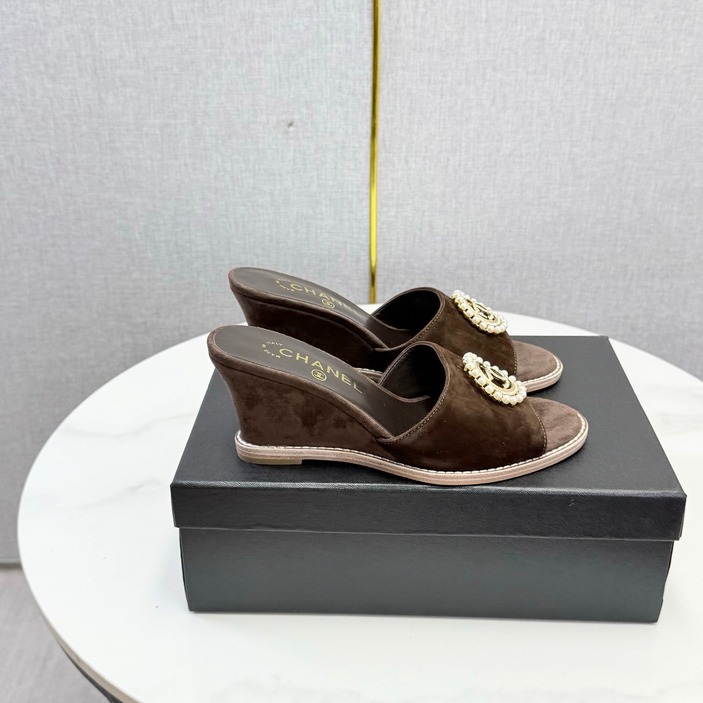 CC 26s Wedge Heels In Dark Brown Suede With CC Pearl Embellished